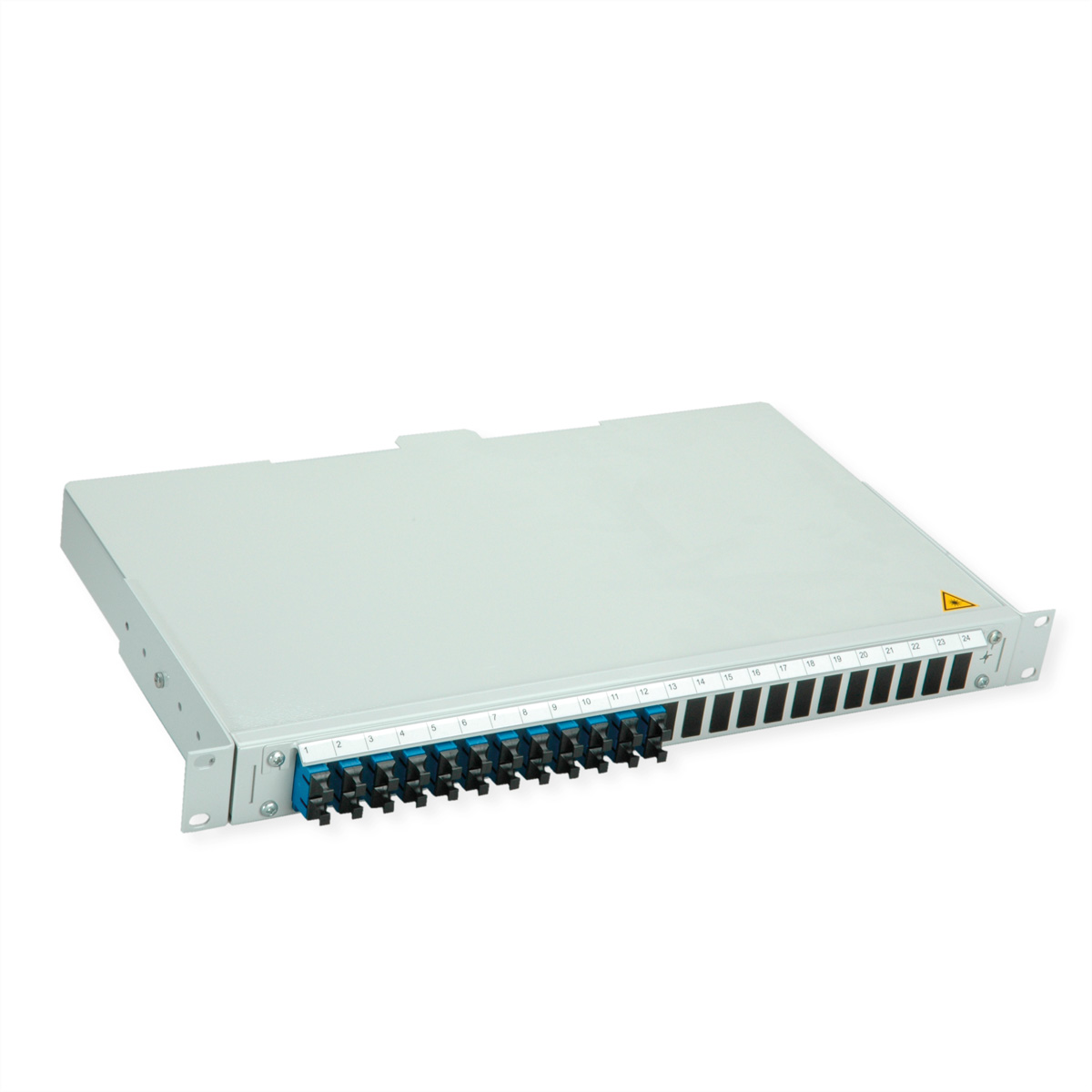 Ein graues Patchpanel mit 24 Anschlüssen, nummeriert von 1 bis 24.