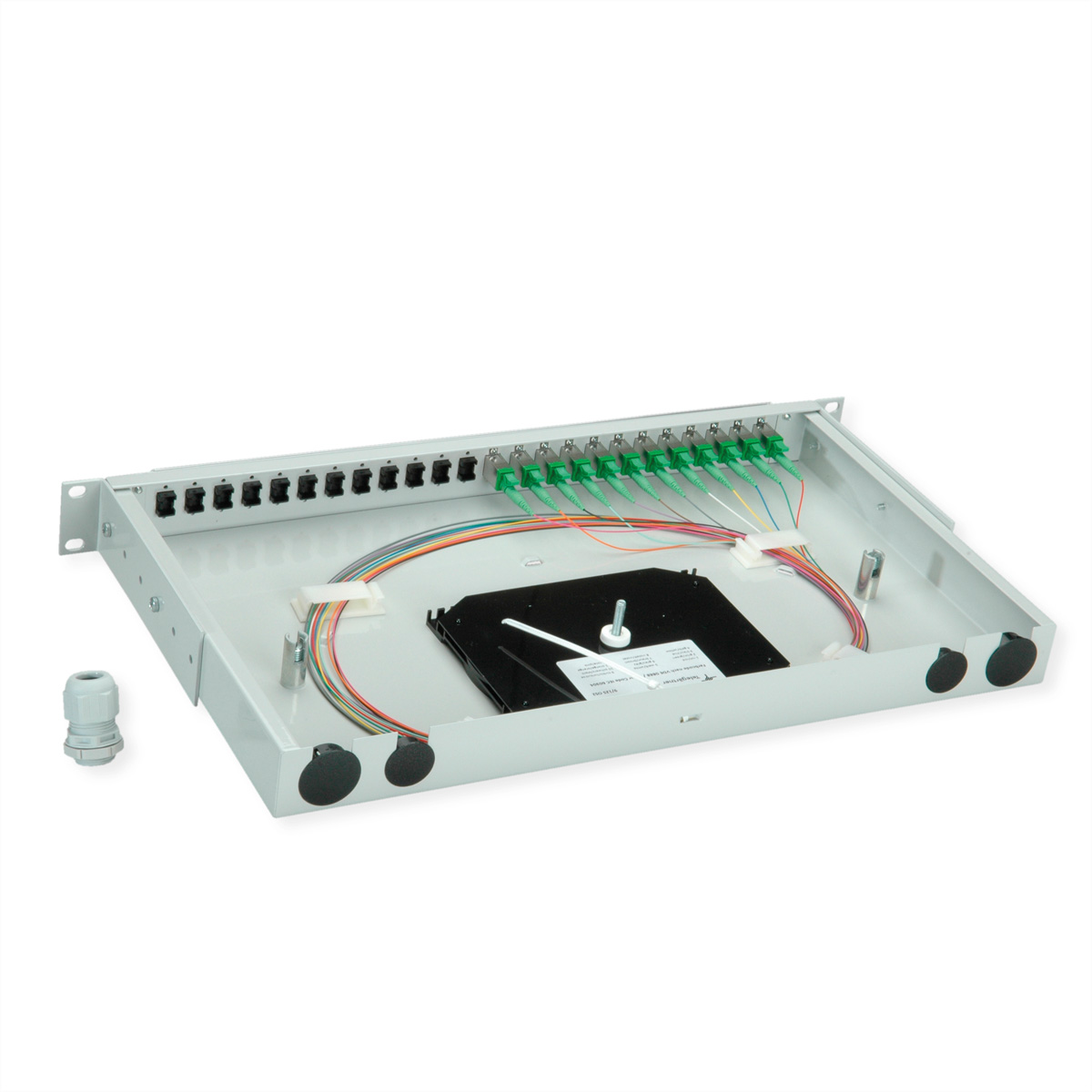 Rackmount-Glasfaser-Patchpanel mit vielen grünen Steckern und bunten Kabeln.