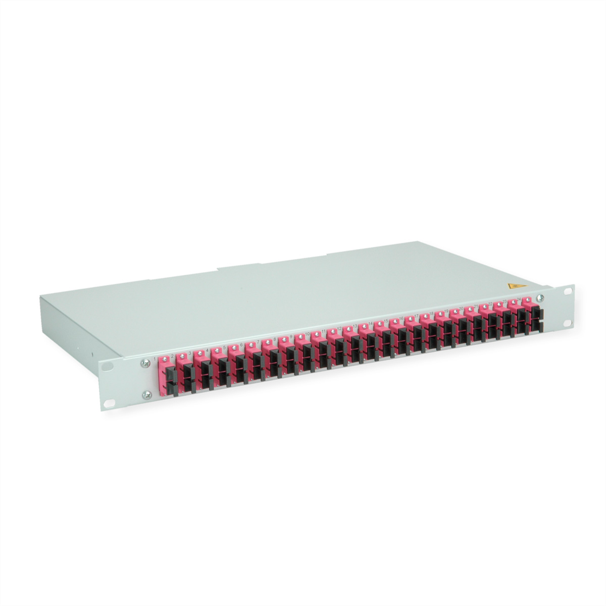Graues Rack-Panel mit 24 rosa und schwarzen Anschlüssen, nummeriert 1-24.