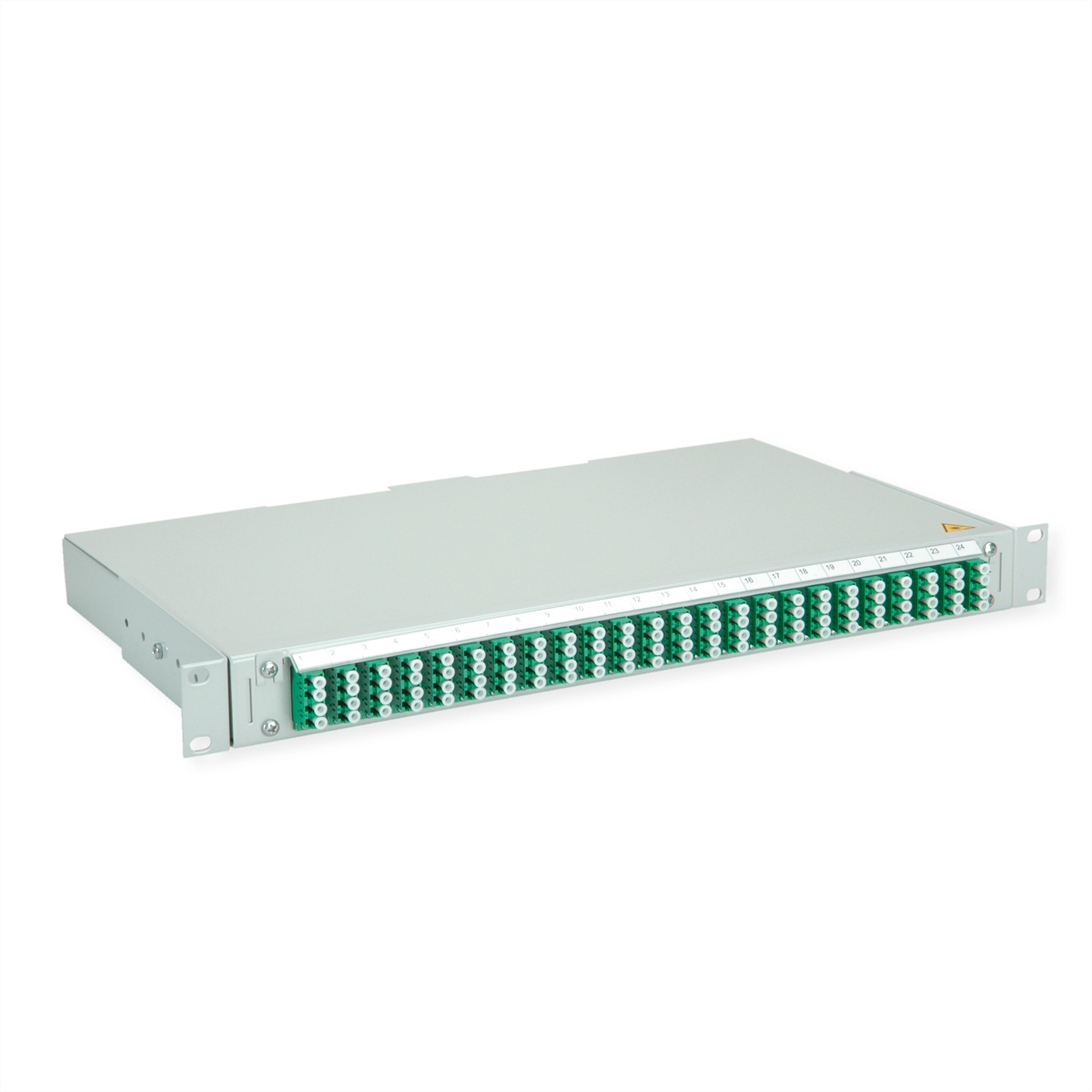 Graues Rack-Gerät mit vielen grünen und weißen Anschlüssen, nummeriert 1-24.
