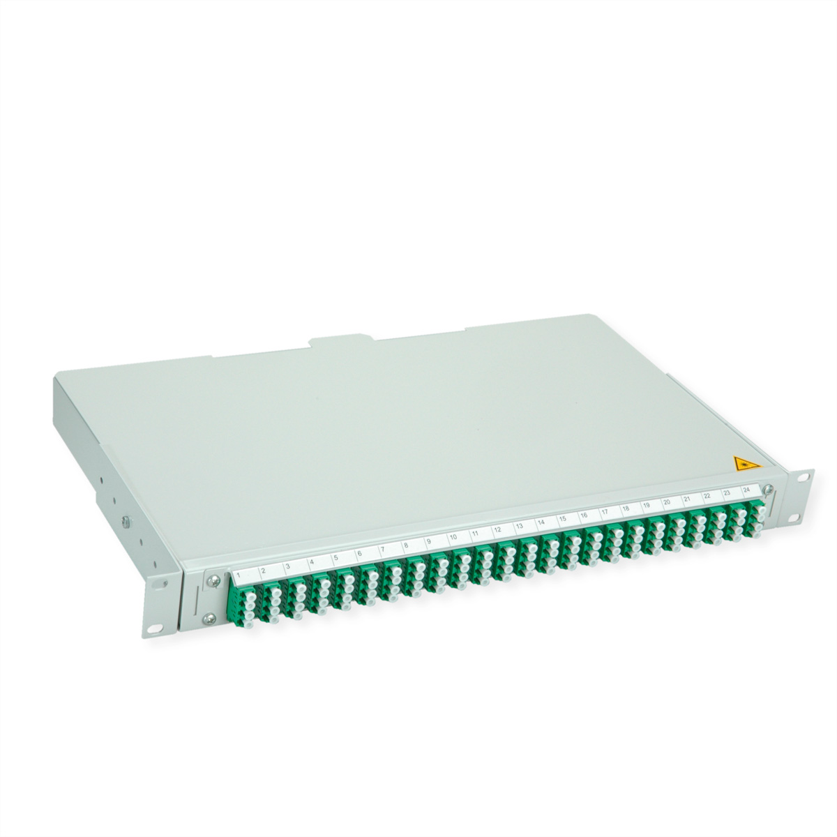 Graues Rack-Panel mit 24 grünen Glasfaseranschlüssen, nummeriert 1-24.