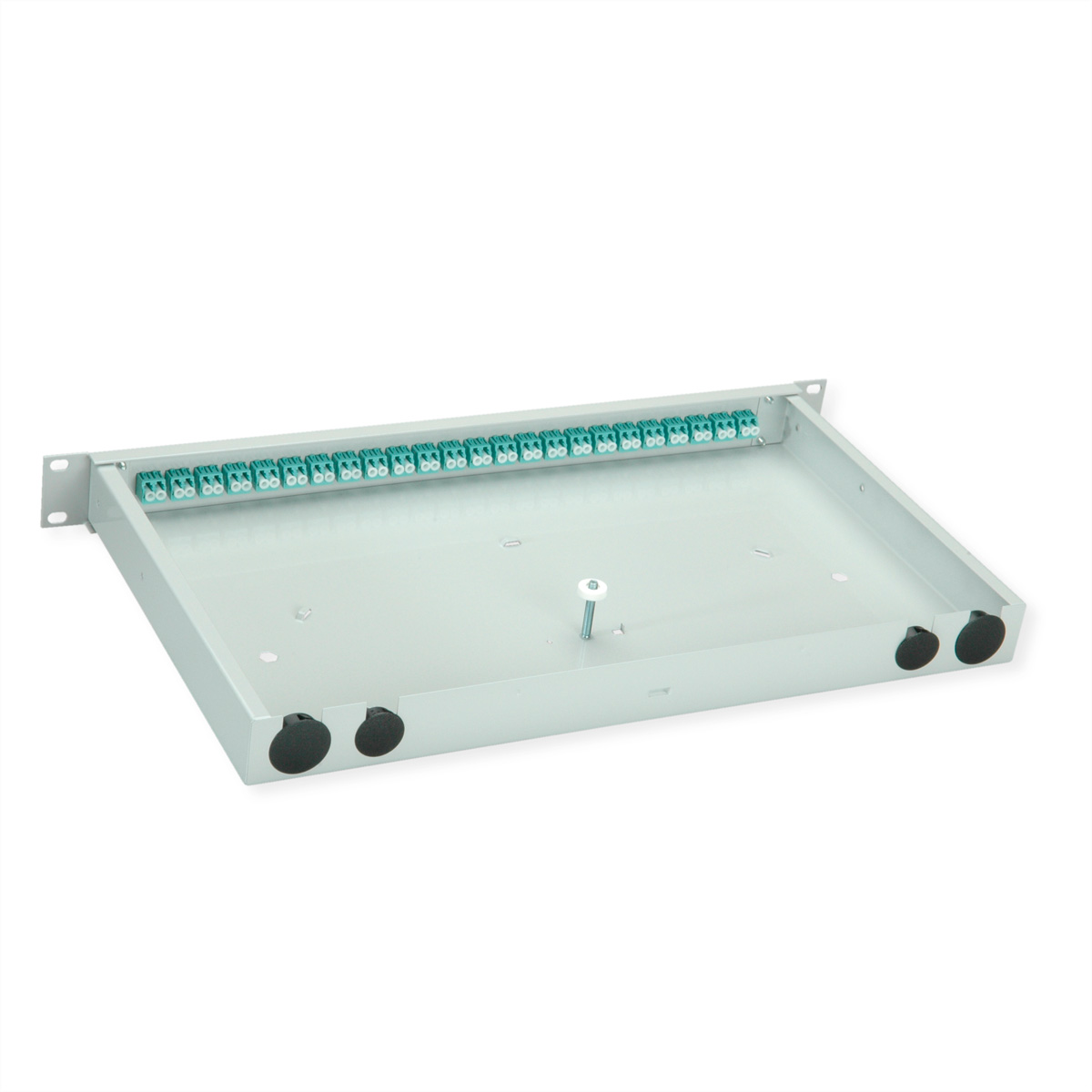 Graues Rack-Panel mit 24 grünen Kupplungen und schwarzen Kabeldurchführungen.
