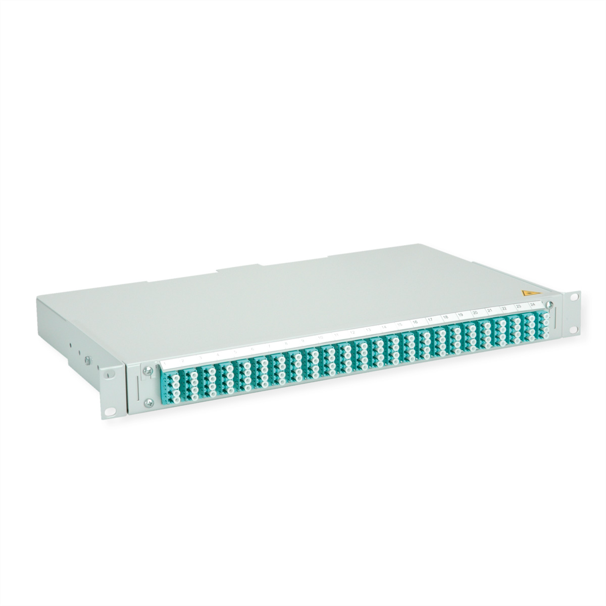 Ein graues Rack-Gerät mit 48 blauen und weißen Anschlüssen, nummeriert 1-24.