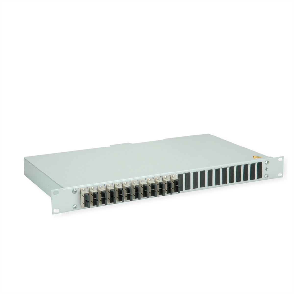 Ein graues Rack-Panel mit 24 Glasfaseranschlüssen, nummeriert von 1 bis 24.