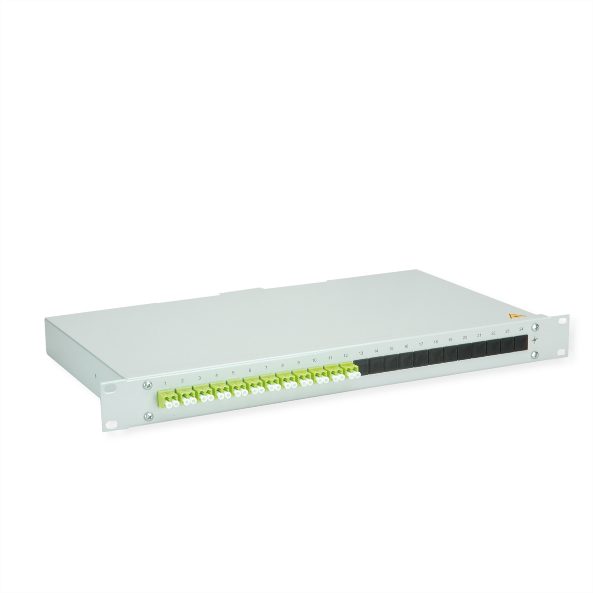 Ein graues 19-Zoll-Rack-Panel mit 24 Ports, nummeriert 1-24.