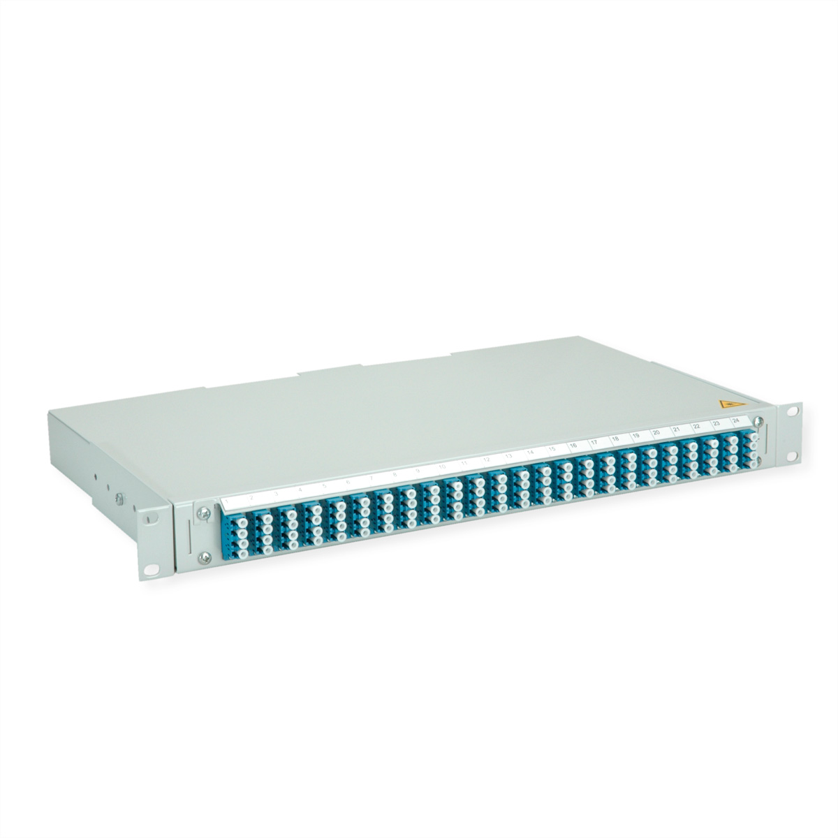 Graues Rackmount-Glasfaser-Patchpanel mit 24 Anschlüssen, blauen und weißen Steckern.