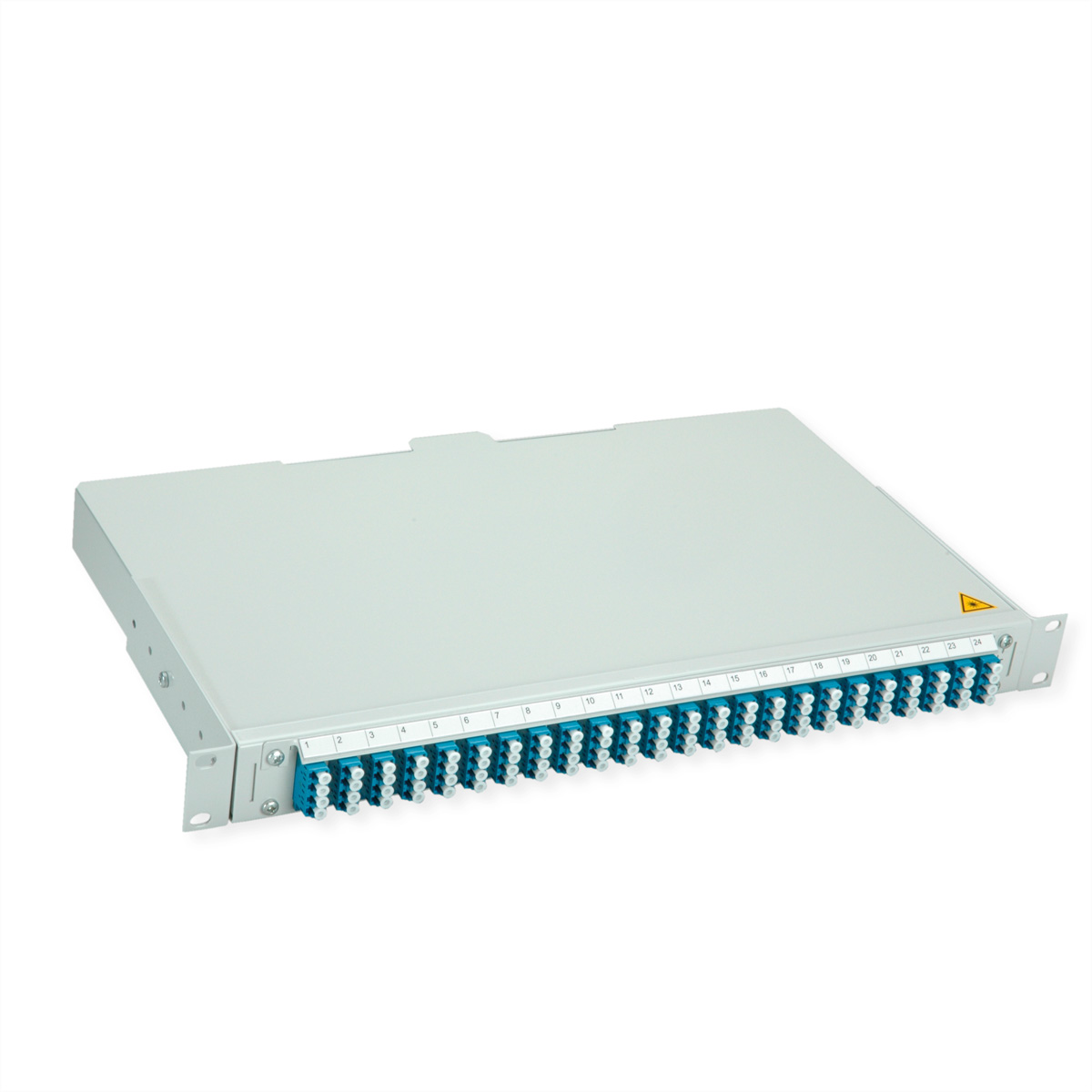 Ein hellgraues Glasfaser-Patchpanel mit 24 blauen und weißen Steckverbindern.