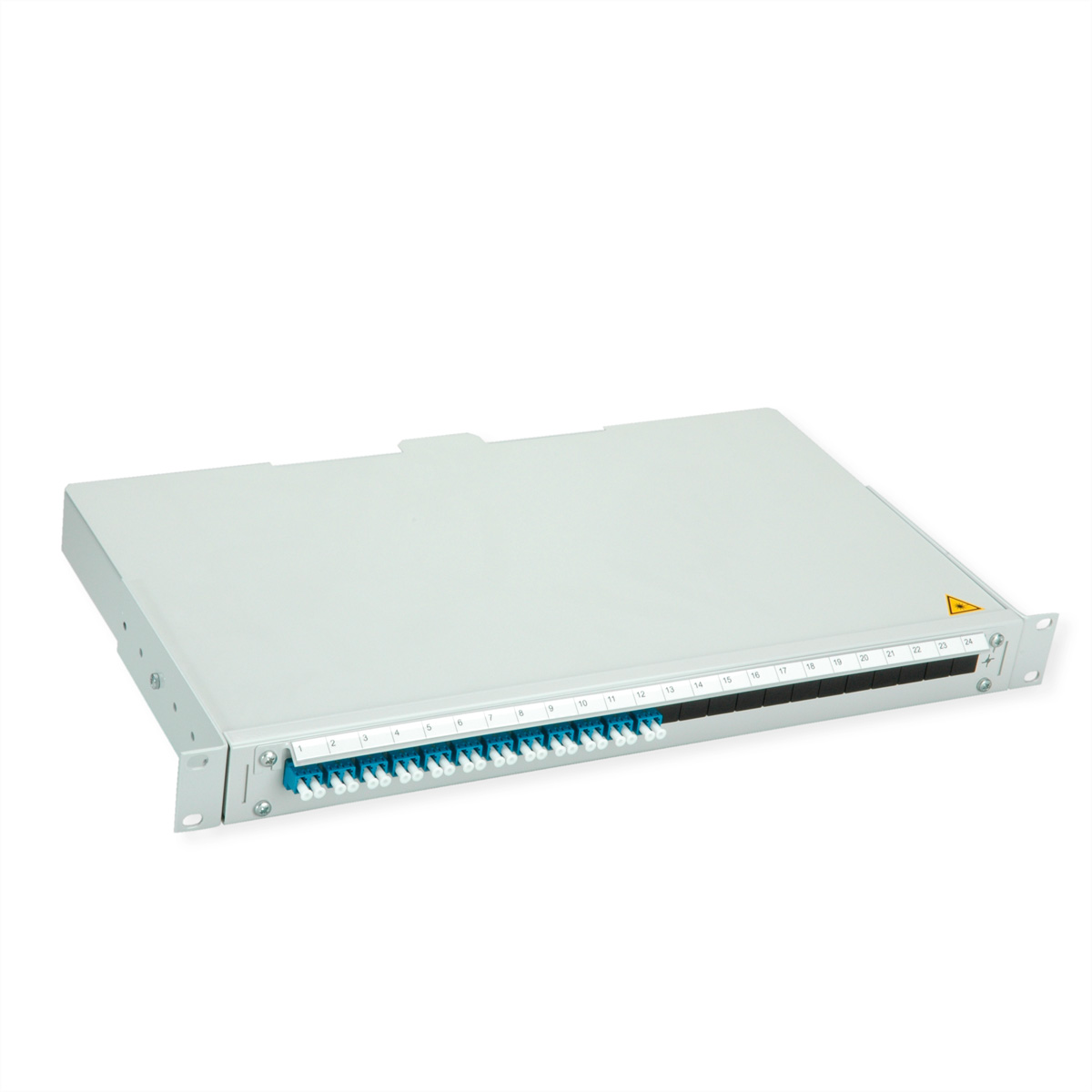 Ein graues Patchpanel mit 24 Anschlüssen, nummeriert von 1 bis 24.