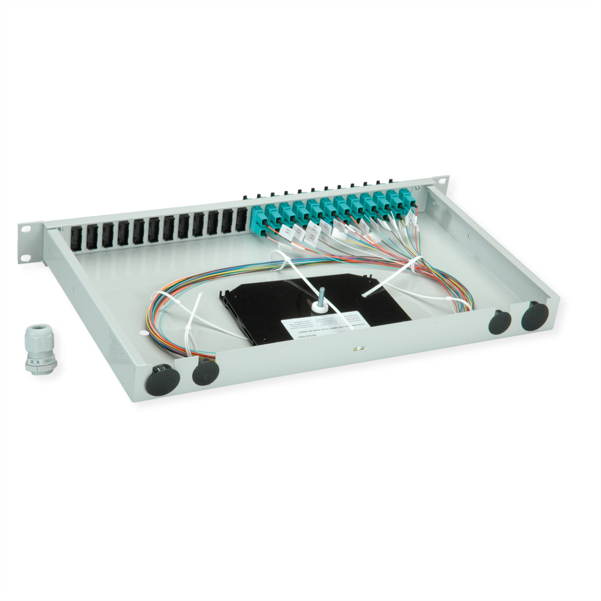 Graues Rack-Gehäuse mit Glasfaserkabeln und Steckverbindern.