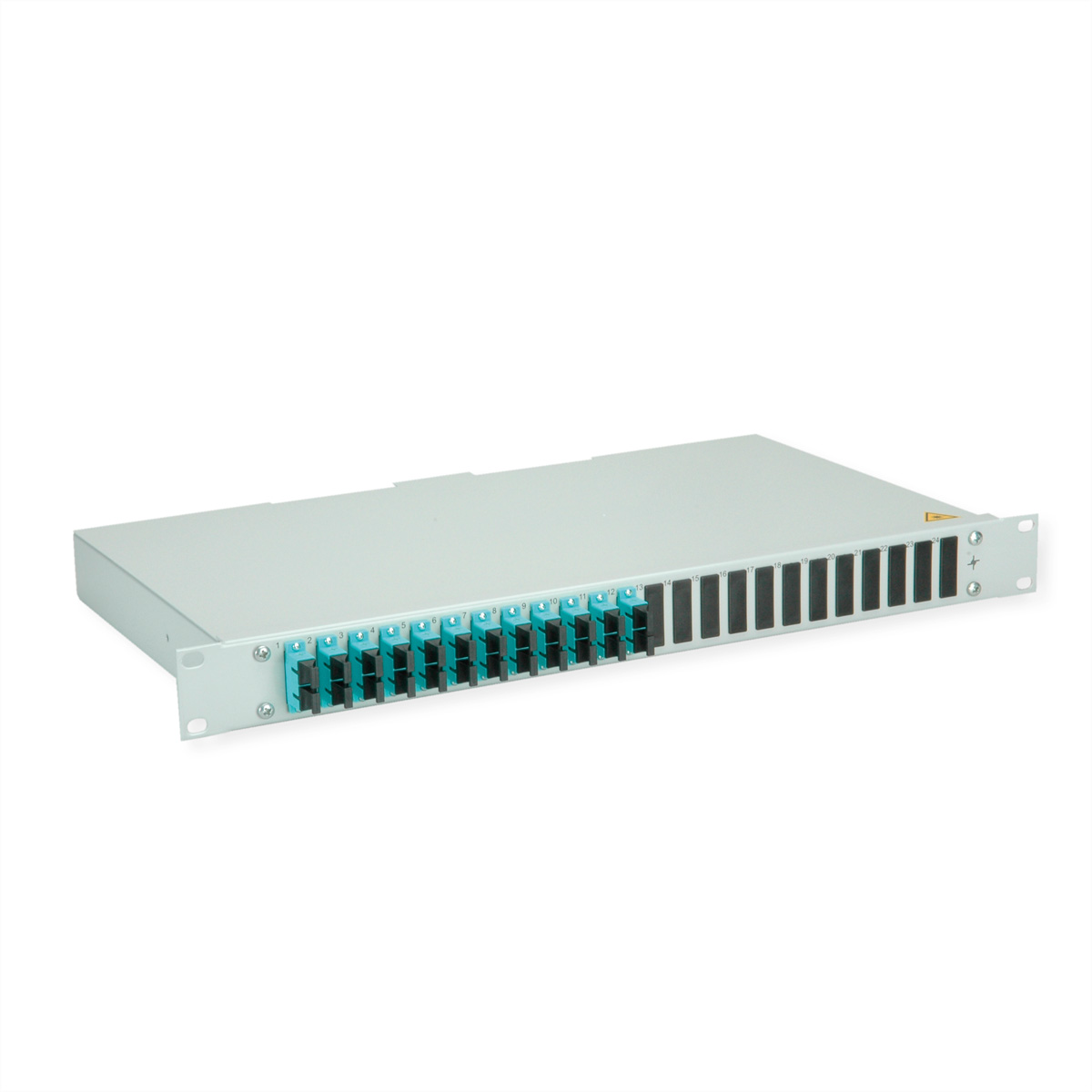 Ein silbernes Rack-Panel mit blauen und schwarzen Anschlüssen, nummeriert 1-24.