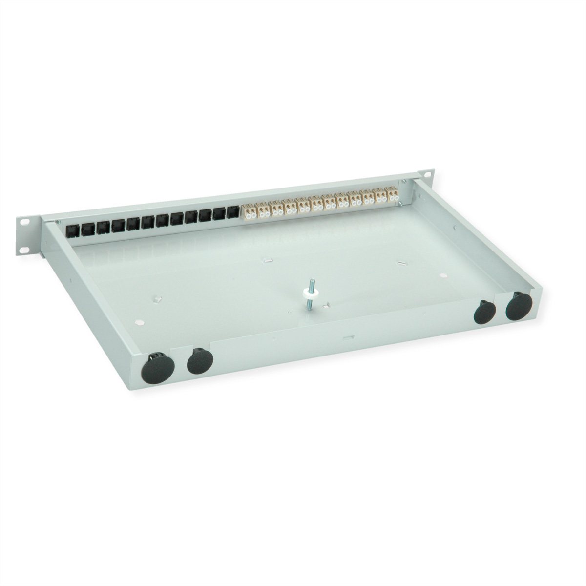 Graues Rackmount-Gehäuse aus Metall mit Anschlüssen für Netzwerkkabel und Schraubklemmen.