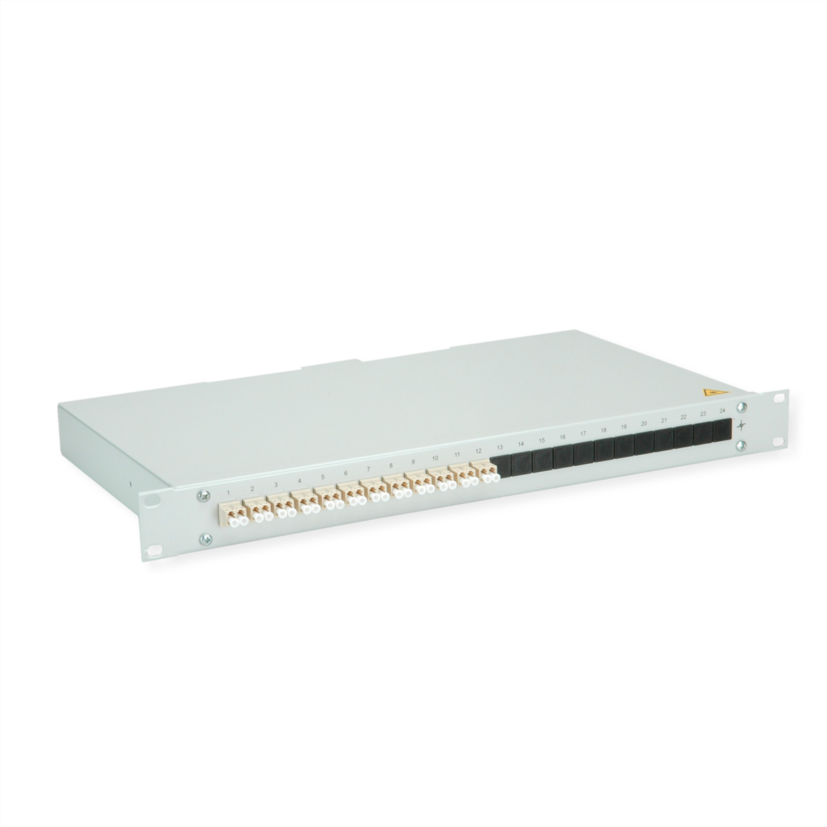 Ein silbernes Rackmount-Glasfaser-Patchpanel mit 24 Ports, nummeriert 1-24.