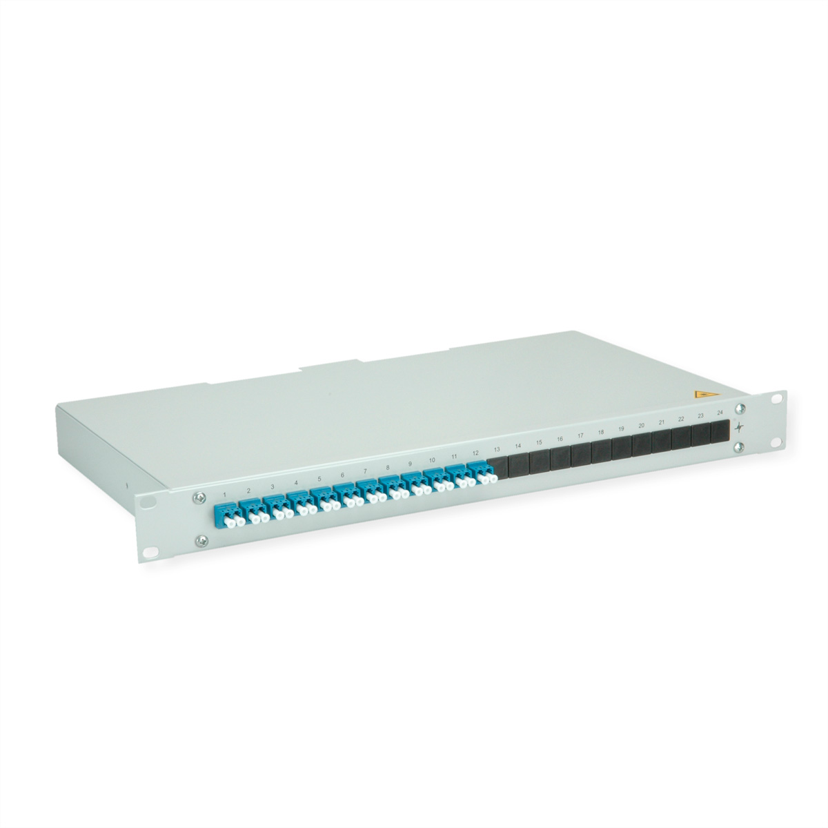 Ein silbernes Rack-Panel mit 24 Anschlüssen, 12 blau und 12 schwarz.