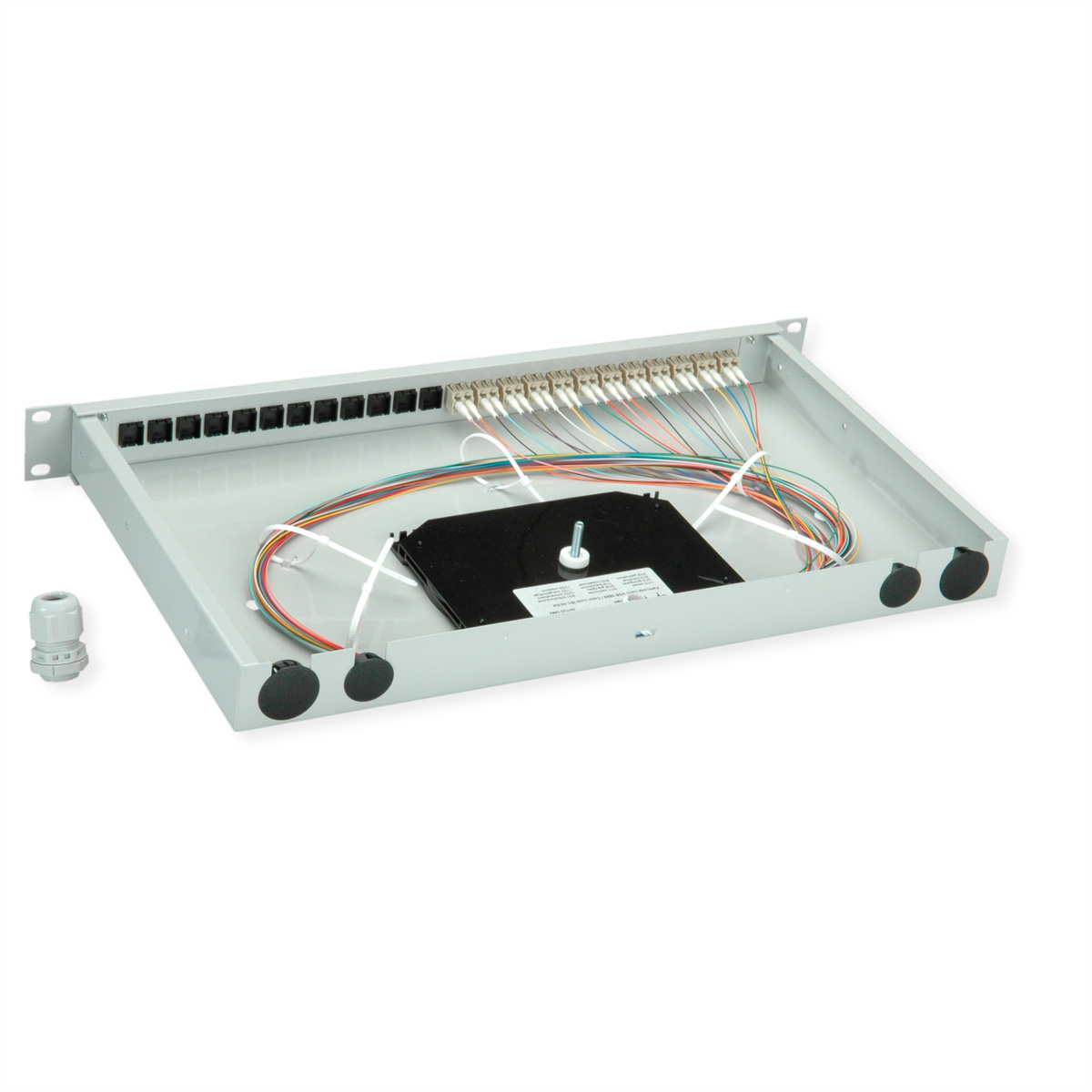 Eine Rack-montierte Glasfaser-Patchpanel mit bunten Kabeln und schwarzer Spule.