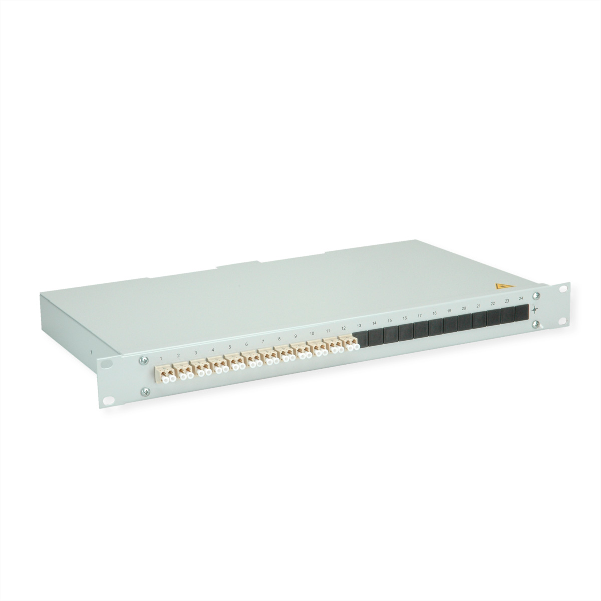 Ein graues Rack-Panel mit 24 nummerierten Anschlüssen, vorne und seitlich offen.