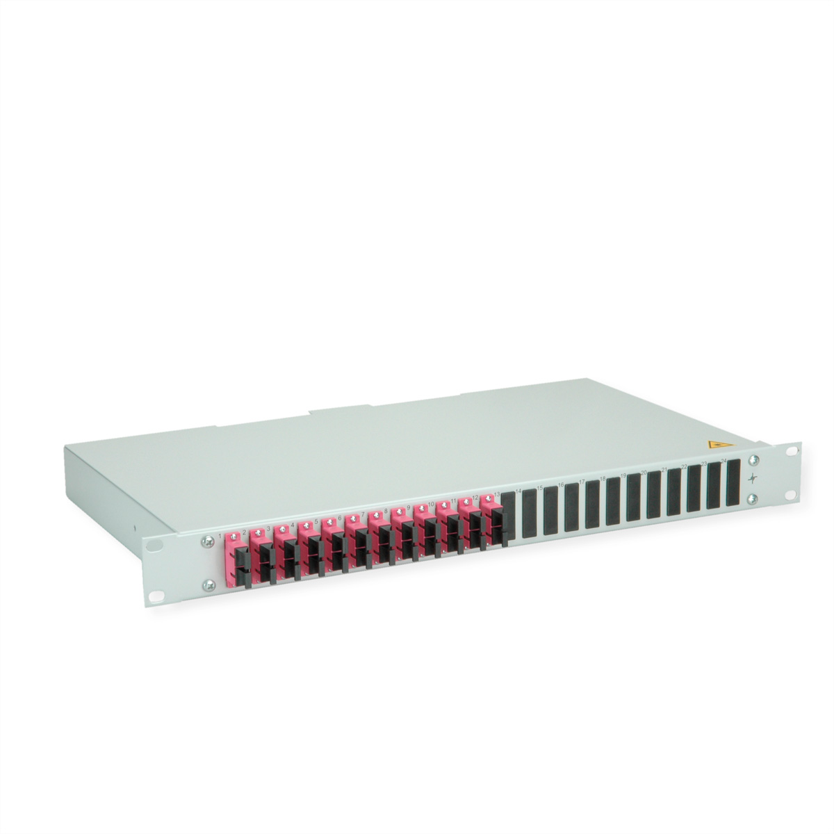 Ein graues Rack-Montagegehäuse mit 24 Anschlüssen, einige mit rosa Steckern.