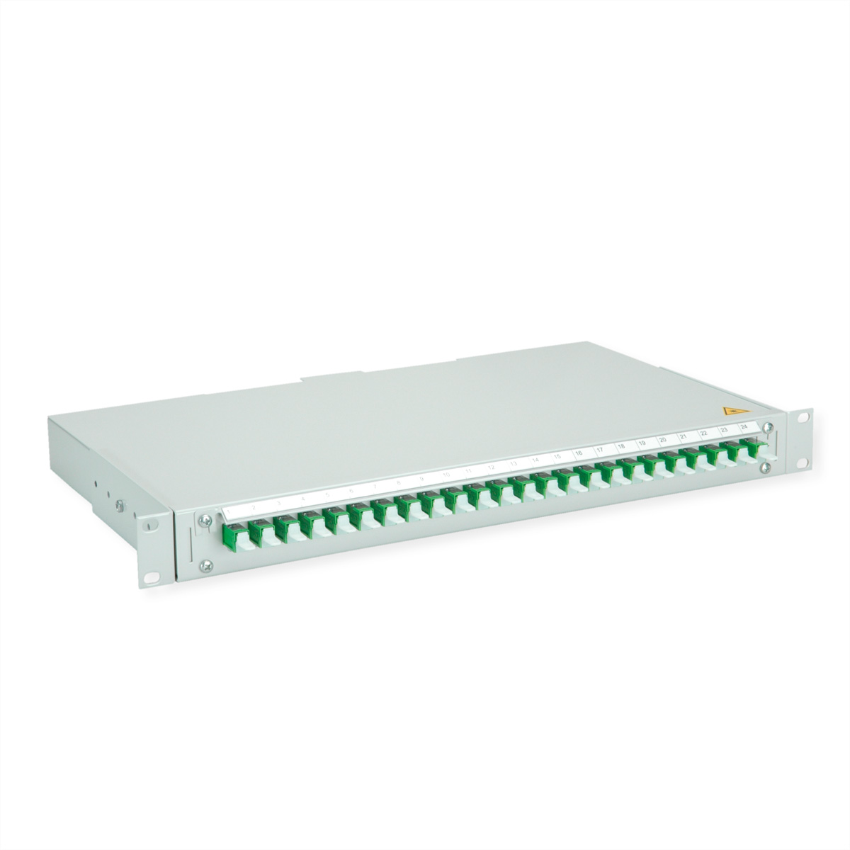 Ein graues Rack-fähiges Glasfaser-Patchpanel mit 24 grünen SC-Anschlüssen und nummerierten Ports.