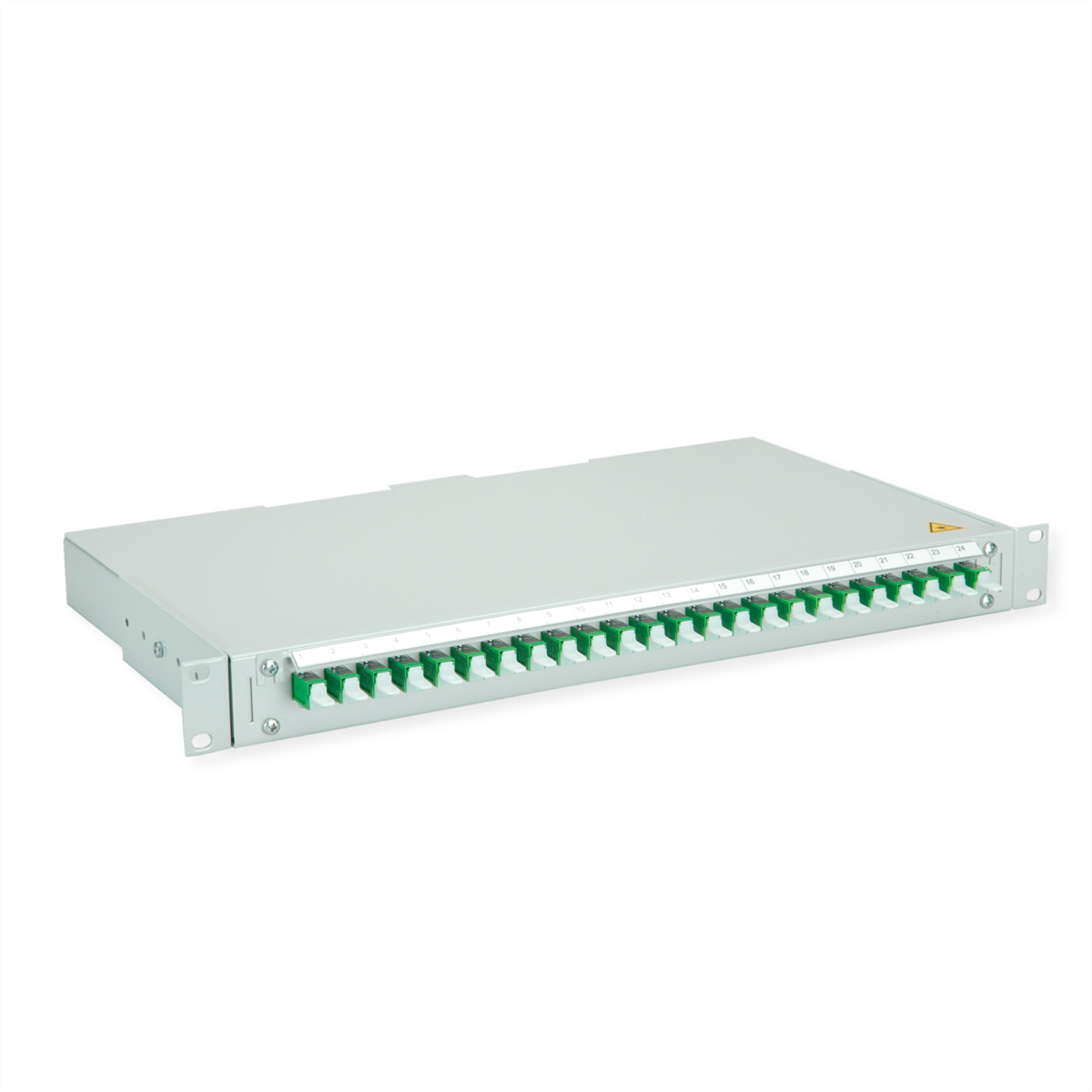 Graues 1HE-Rackmount-Patchpanel mit 24 grünen SC-Duplex-Anschlüssen.