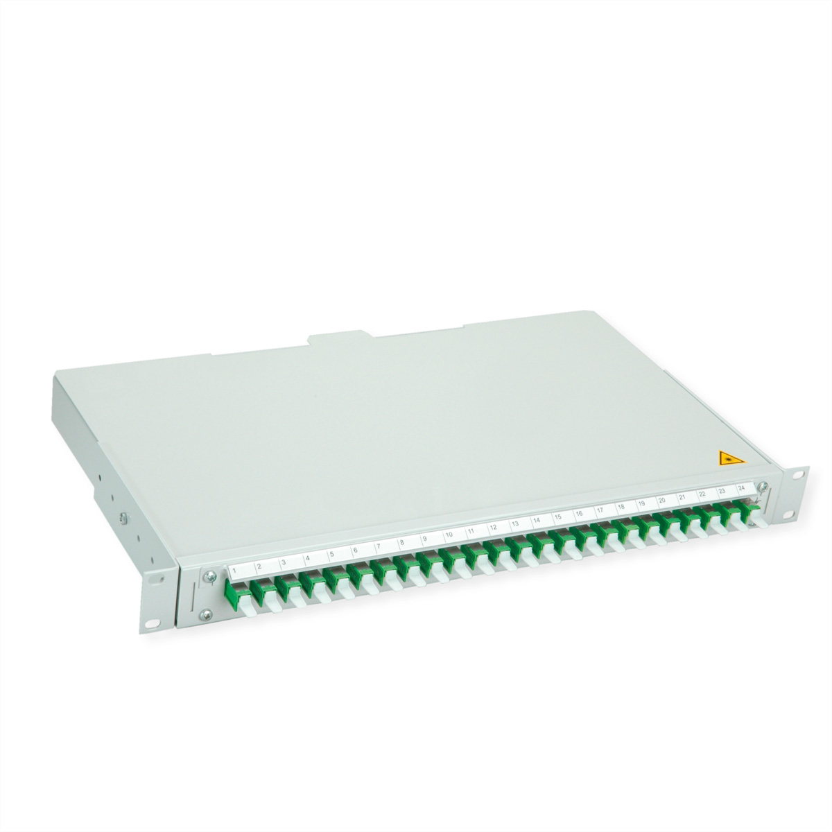 Ein grauer Rack-Mount-Patchpanel mit 24 grünen und weißen Steckverbindern, nummeriert 1-24.
