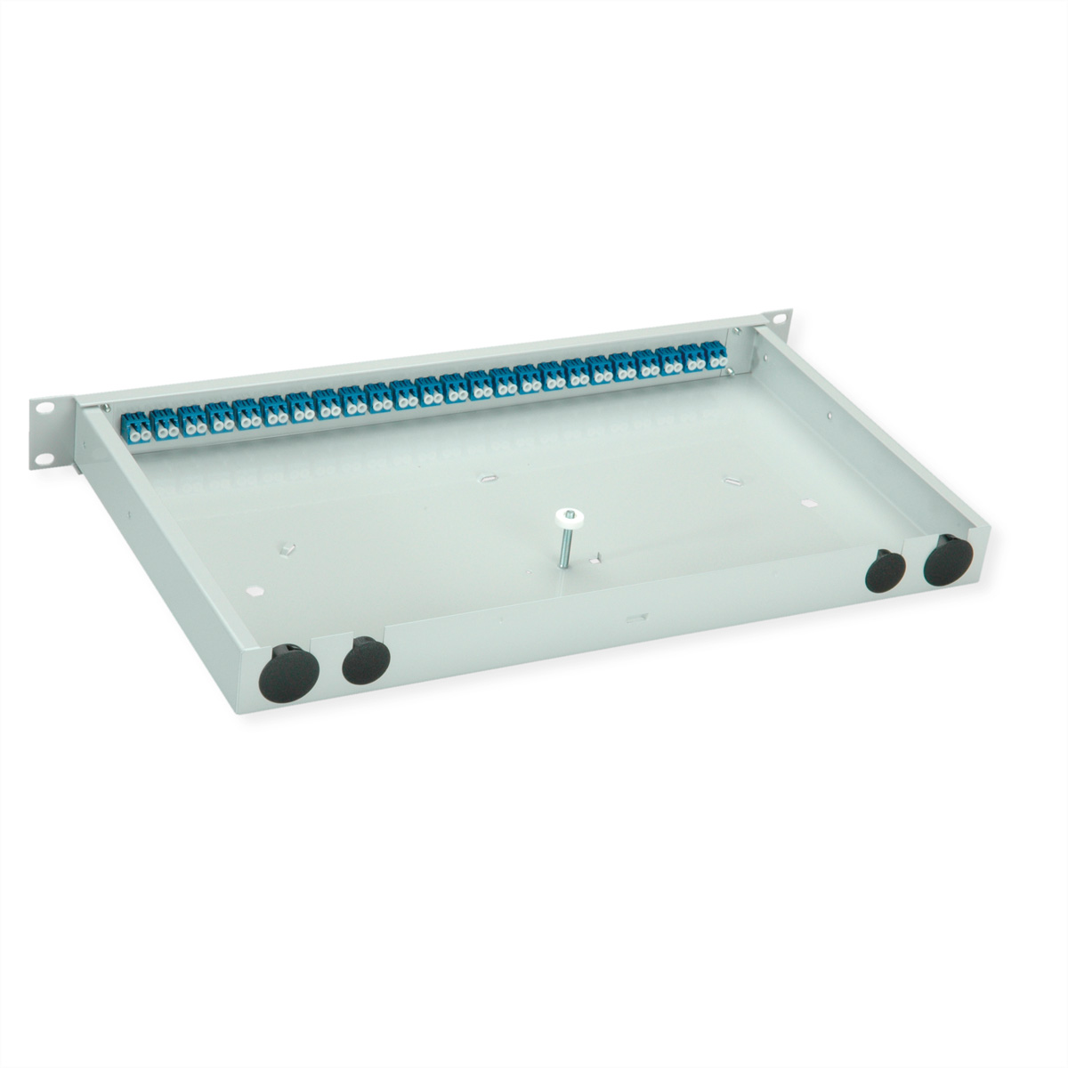 Graues Rack-Gehäuse mit blauen Steckern vorne und schwarzen Buchsen seitlich.