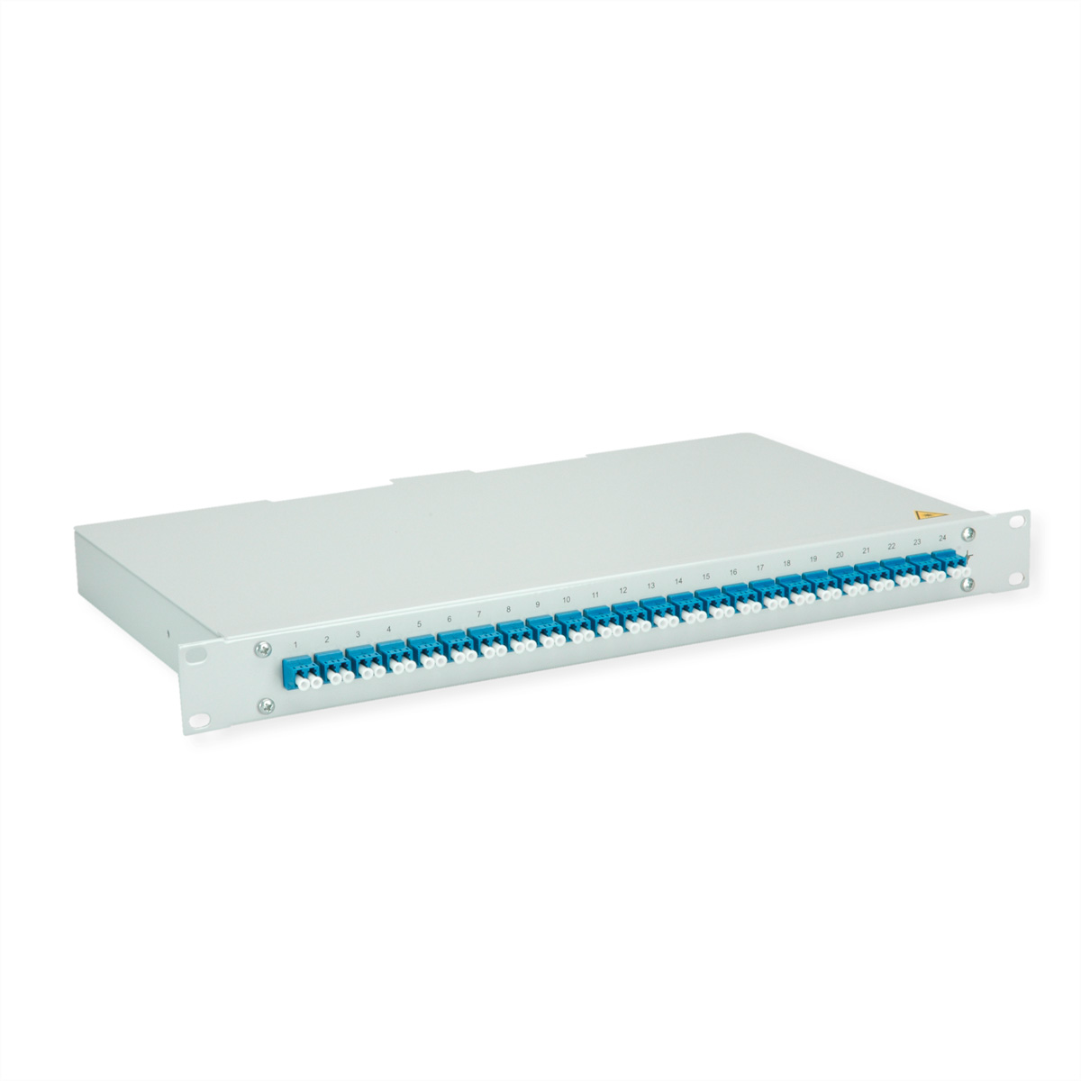 Ein silbernes Rack-Panel mit 24 blauen und weißen Glasfaseranschlüssen.