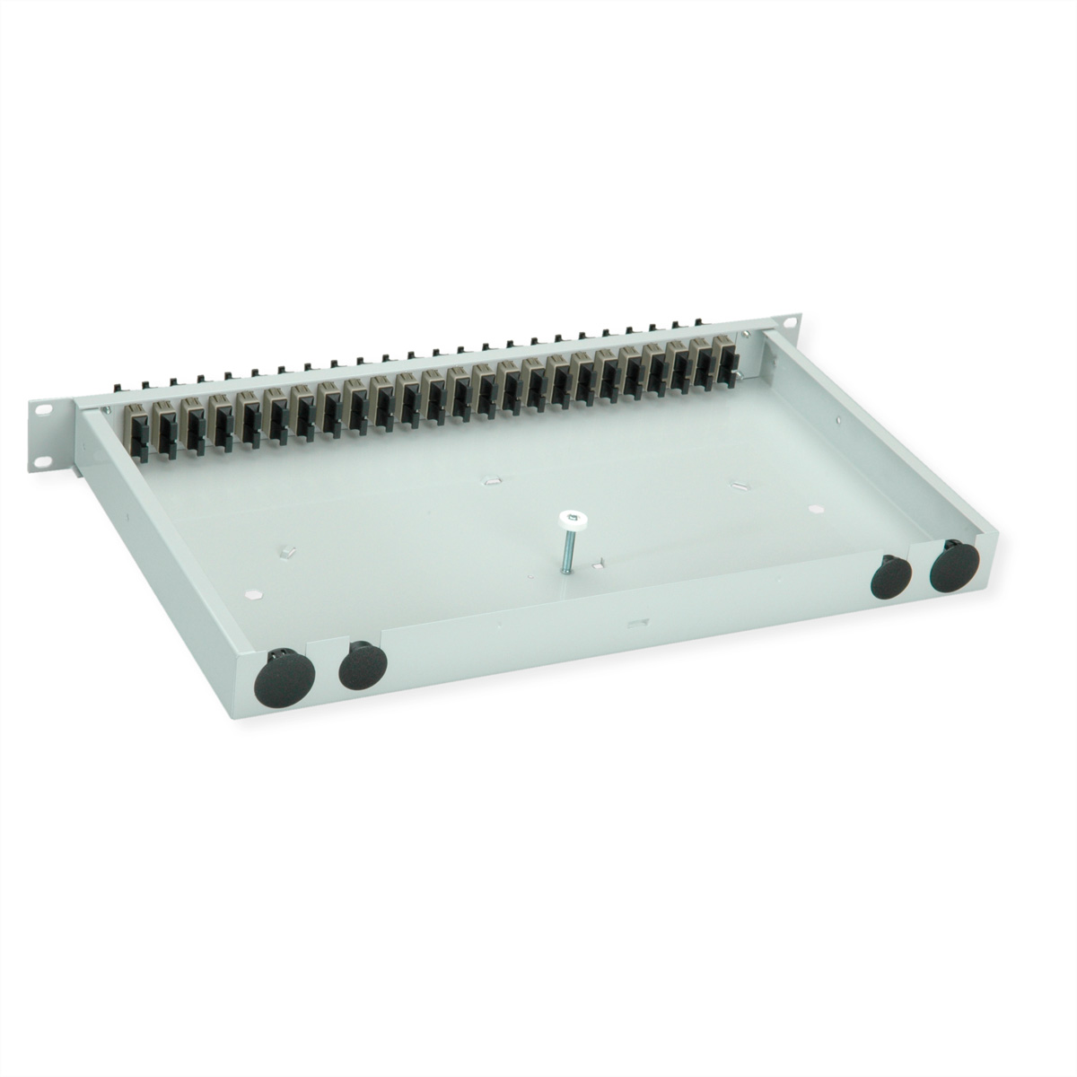 Ein graues Rack-Panel mit vielen schwarzen Anschlüssen und zwei runden Aussparungen.