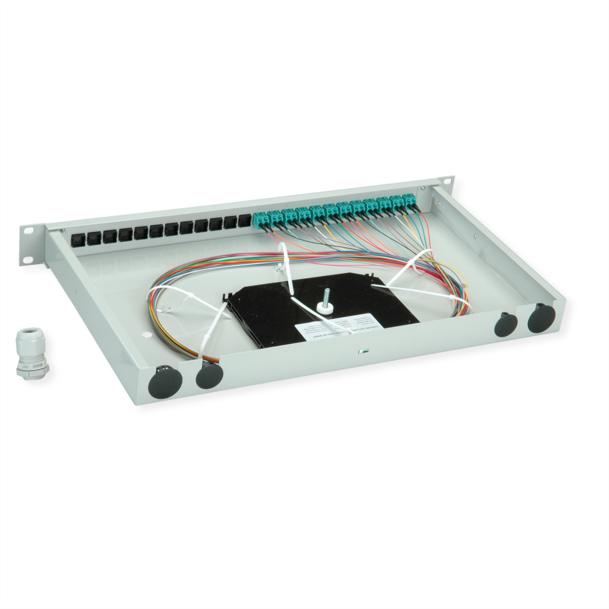 Grauer Rack-Patchpanel mit vielen bunten Glasfaserkabeln, Anschlüssen und schwarzem Kern.