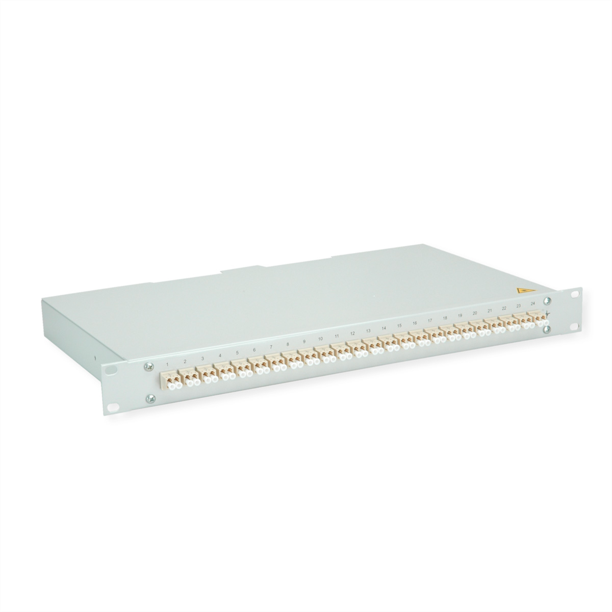 Ein silbernes Rack-Panel mit 24 beige Glasfaseranschlüssen, nummeriert 1-24.
