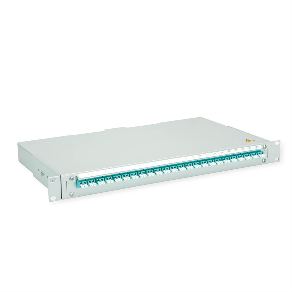 Ein silbernes Rack-Panel mit 24 blauen und weißen Glasfaseranschlüssen.