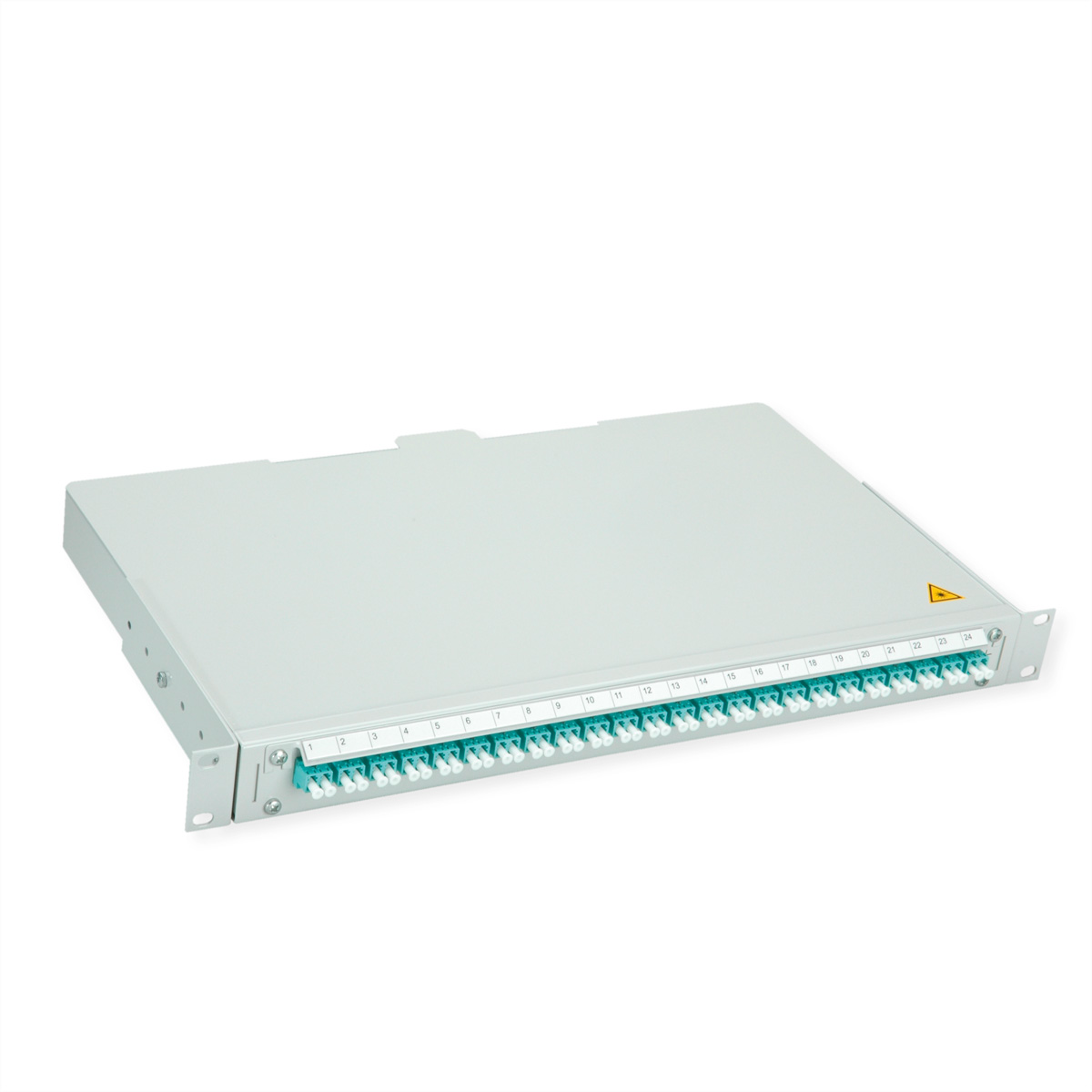 Ein graues Rack-Panel mit 24 Anschlüssen, nummeriert 1-24.
