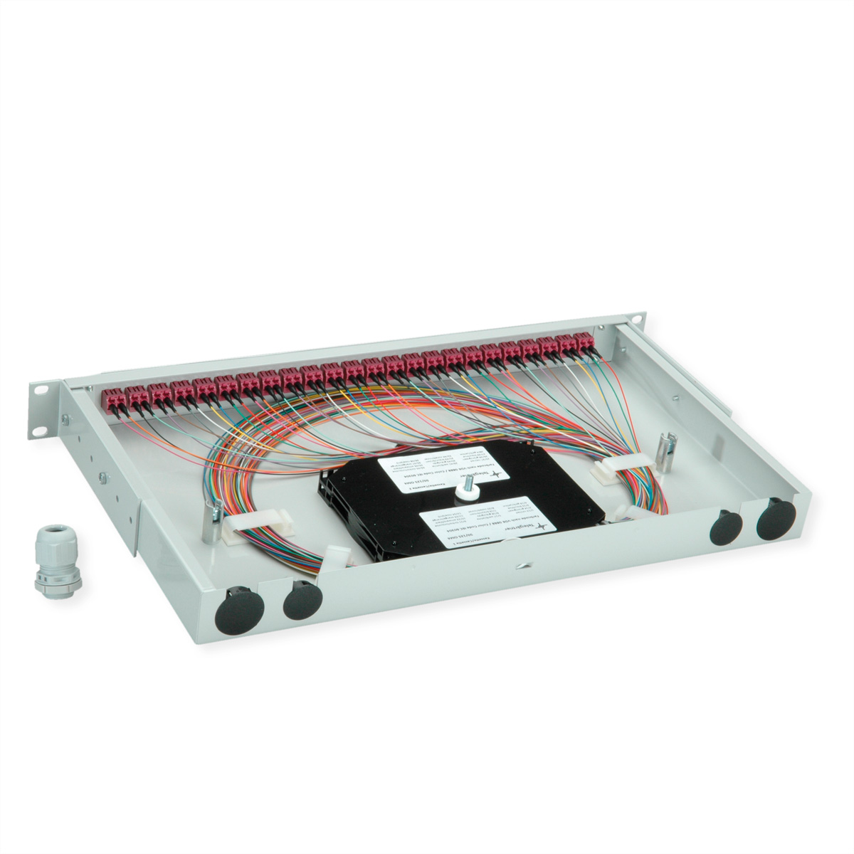 Ein Rack-montierter Glasfaser-Splitter mit vielen bunten Kabeln und roten Anschlüssen.