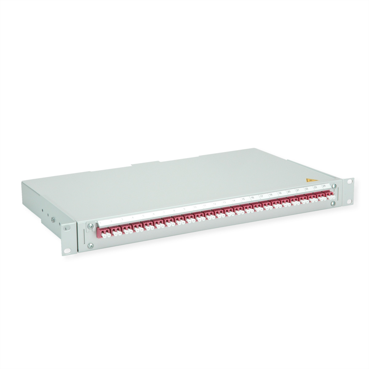 Grauer Patchpanel mit 24 Anschlüssen, nummeriert 1-24.