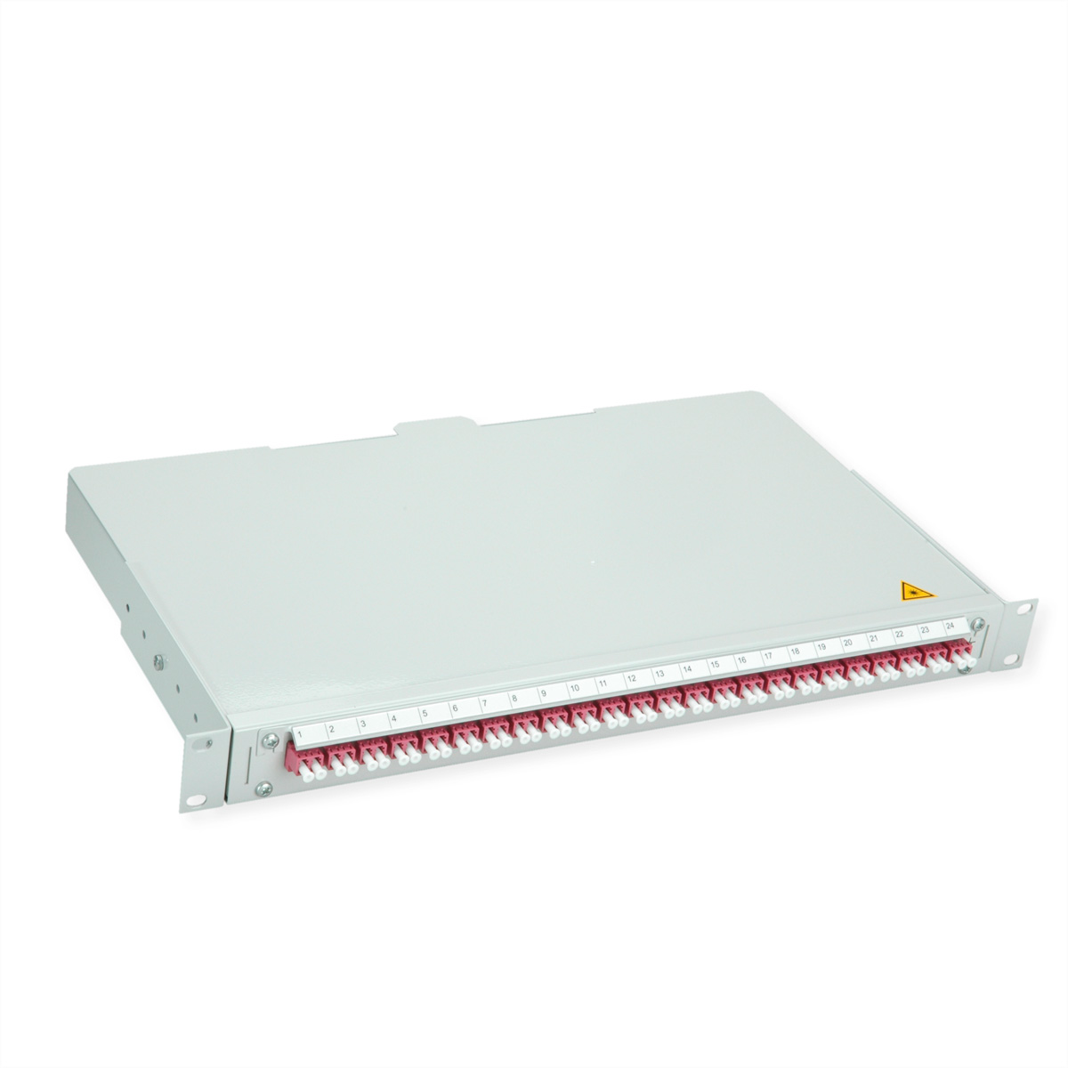 Ein hellgraues Patchpanel mit 24 Anschlüssen, nummeriert 1-24.