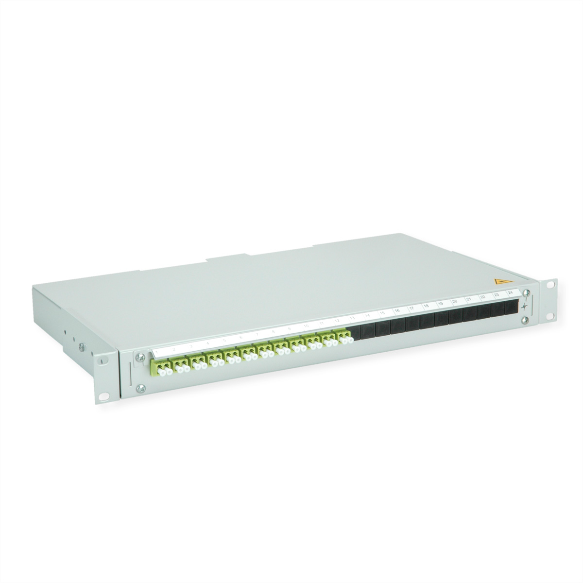 Ein graues Rack-Gerät mit 24 Anschlüssen, grün und schwarz, auf weißem Hintergrund.