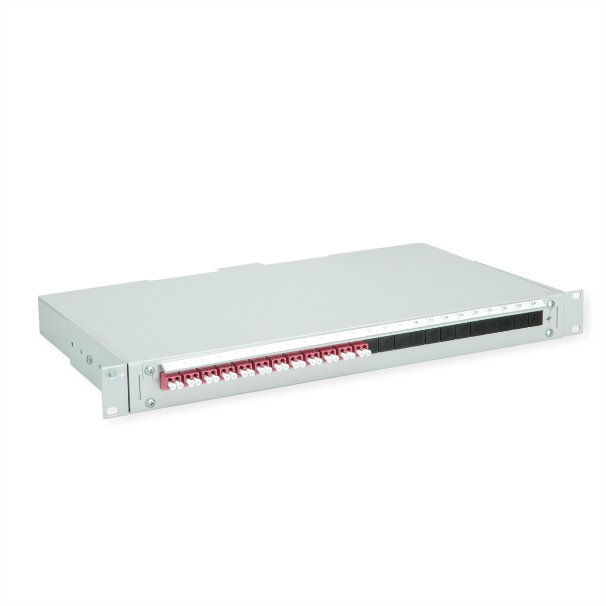 Ein silbernes Rackmount-Panel mit 24 Ports, 12 rot und 12 schwarz, nummeriert 1-24.