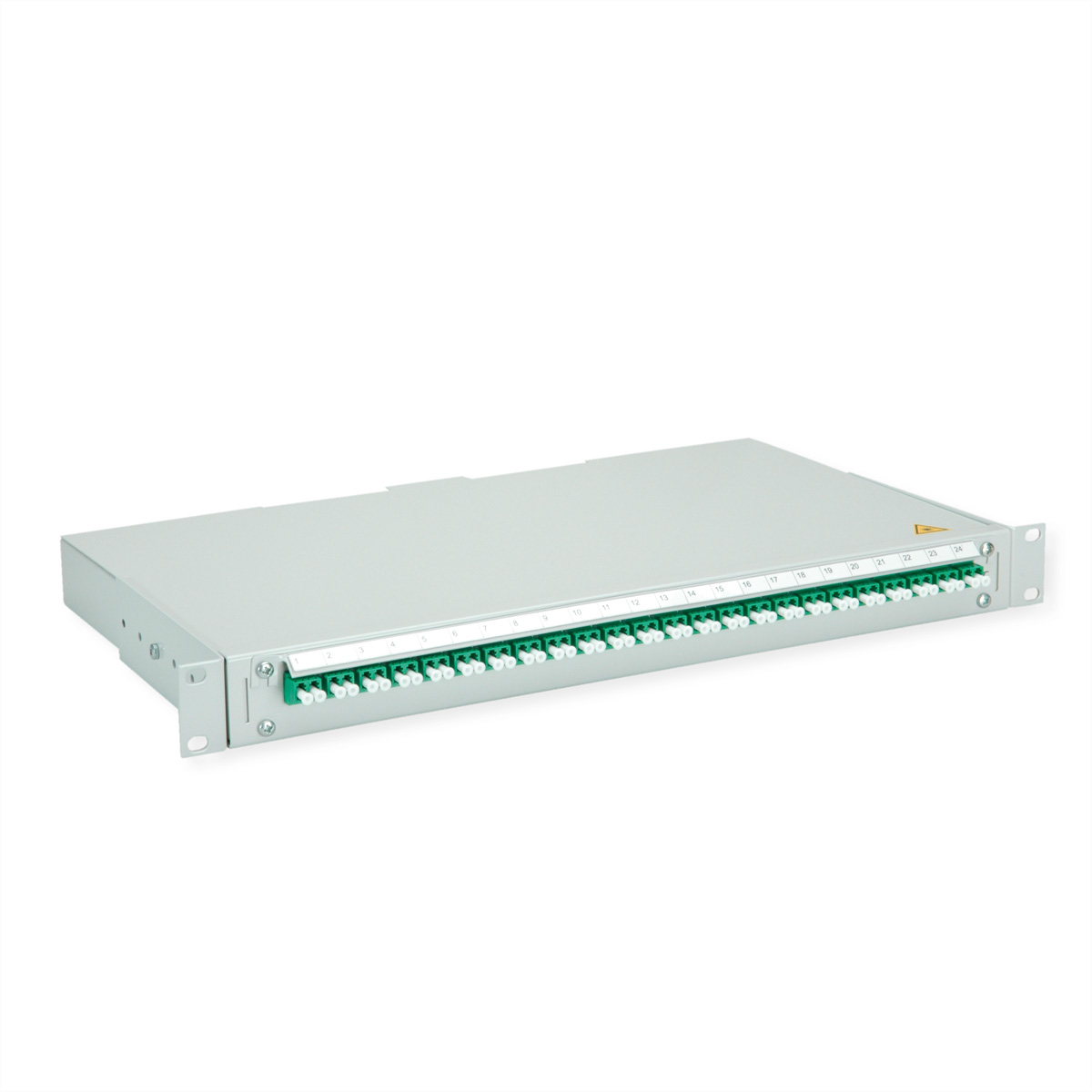 Ein silbernes Rack-Gehäuse mit 24 weißen und grünen Anschlüssen.