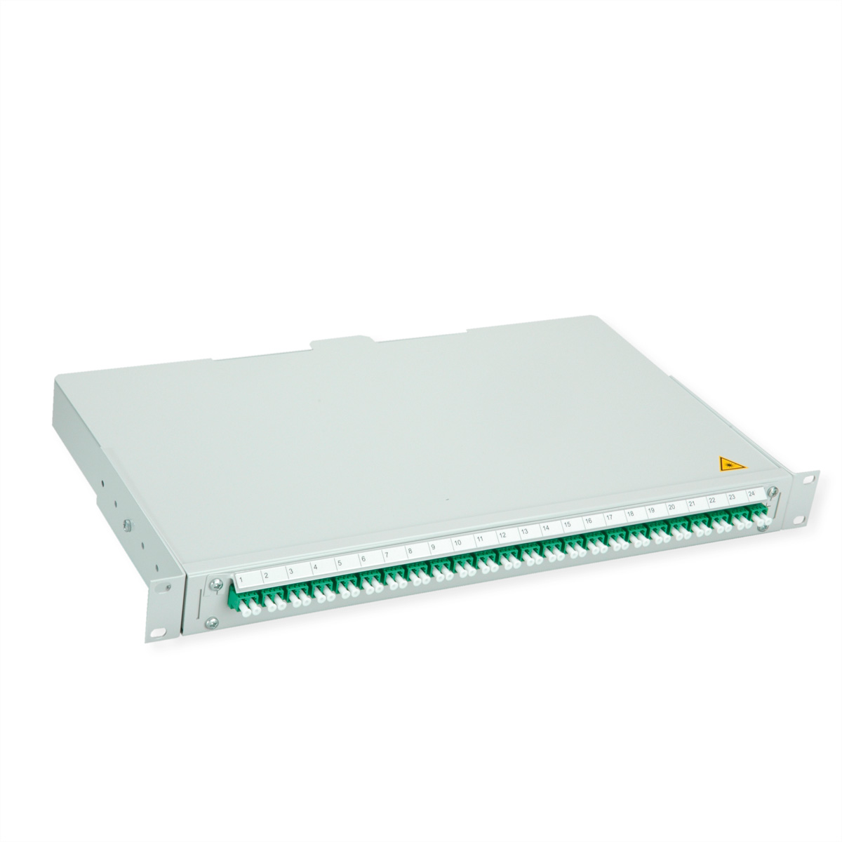 Ein graues Rack-Panel mit 24 grünen Faseranschlüssen, nummeriert von 1 bis 24.