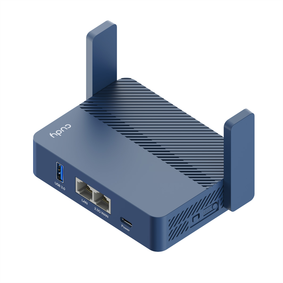 Un router Cudy blu con antenne, USB 3.0, porte LAN e WAN.