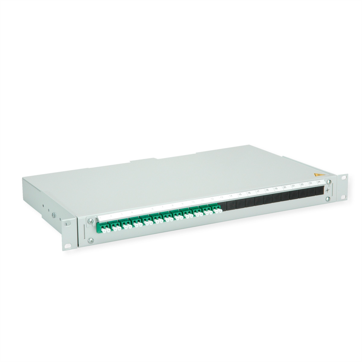 Ein graues Rack-Gehäuse mit 24 Anschlüssen, 12 grüne und 12 schwarze.