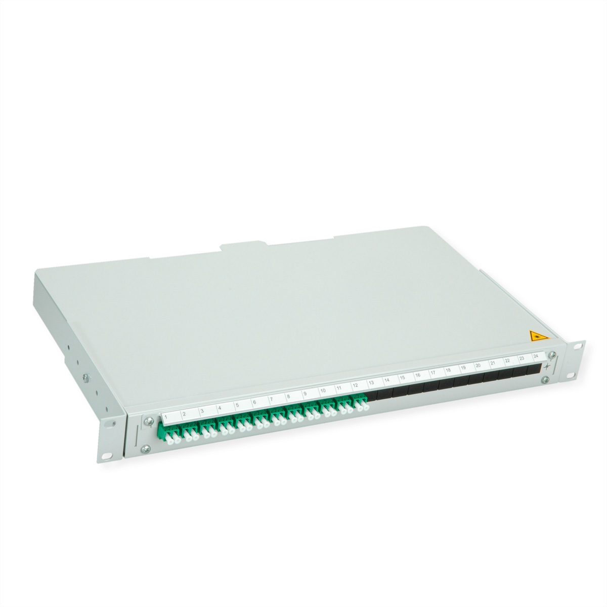 Ein weißes Glasfaser-Patchpanel mit 24 Anschlüssen, nummeriert 1-24, auf weißem Grund.