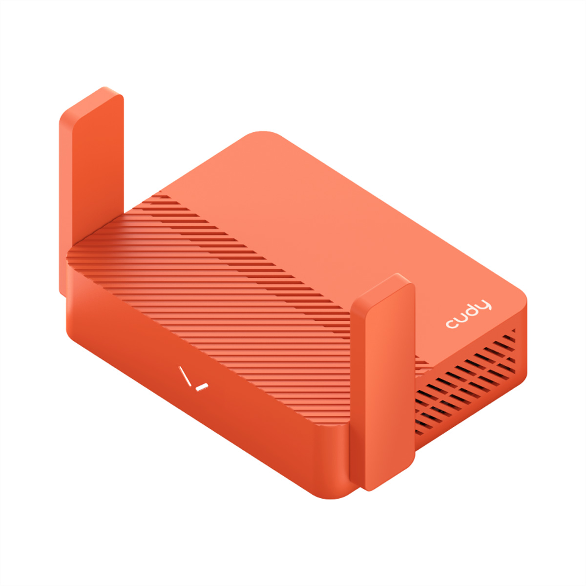 Ein kleiner, oranger Router mit zwei Antennen und gerilltem Oberteil.
