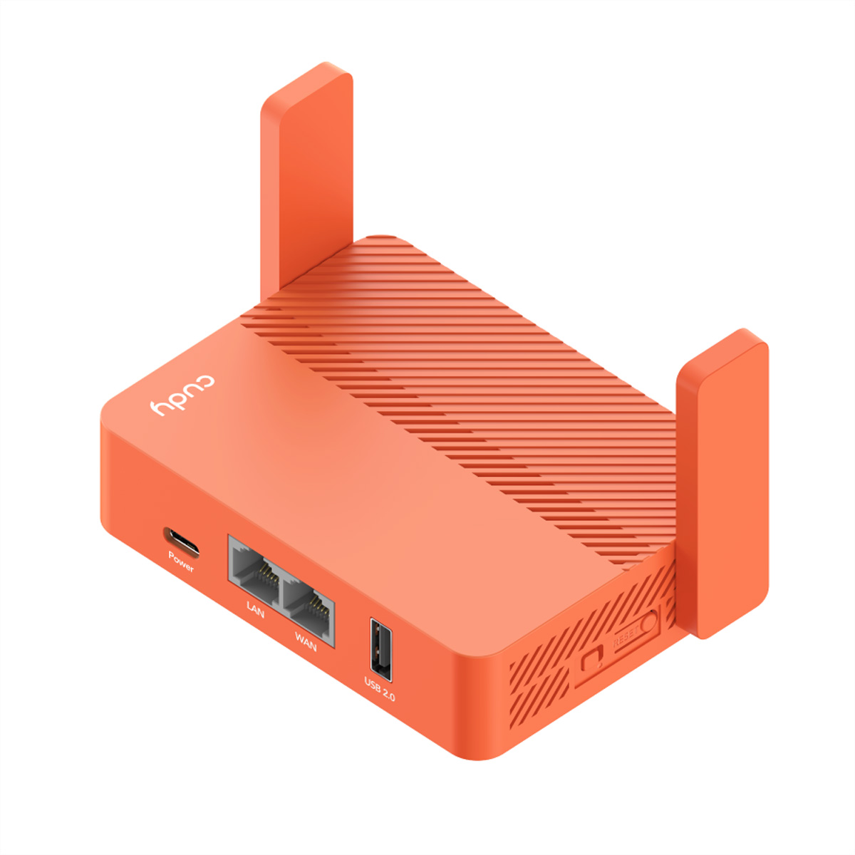 Ein kleiner, oranger Router mit zwei Antennen und Anschlüssen.