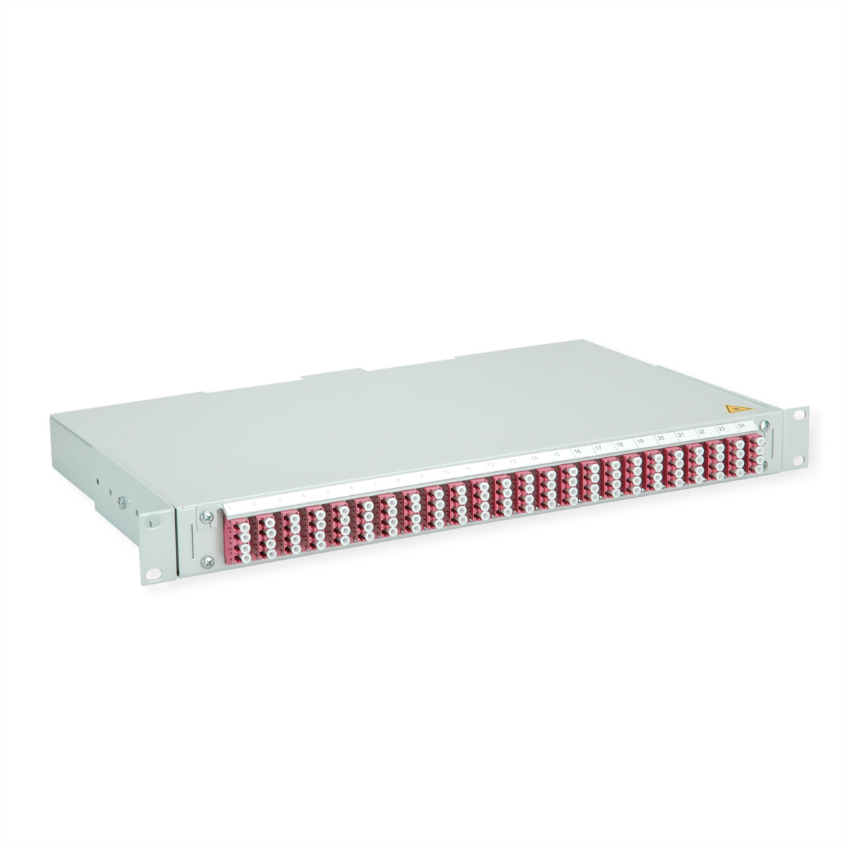 Ein schmales, silbernes Rack-Gerät mit 48 roten und weißen Anschlüssen.