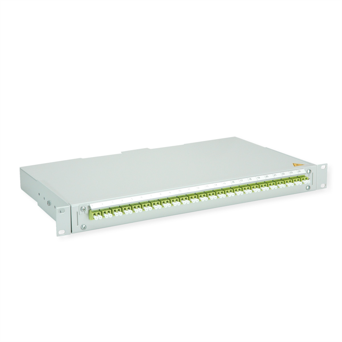 Ein silbernes Rack-Panel mit 24 weißen und grünen Anschlüssen, nummeriert 1-24.