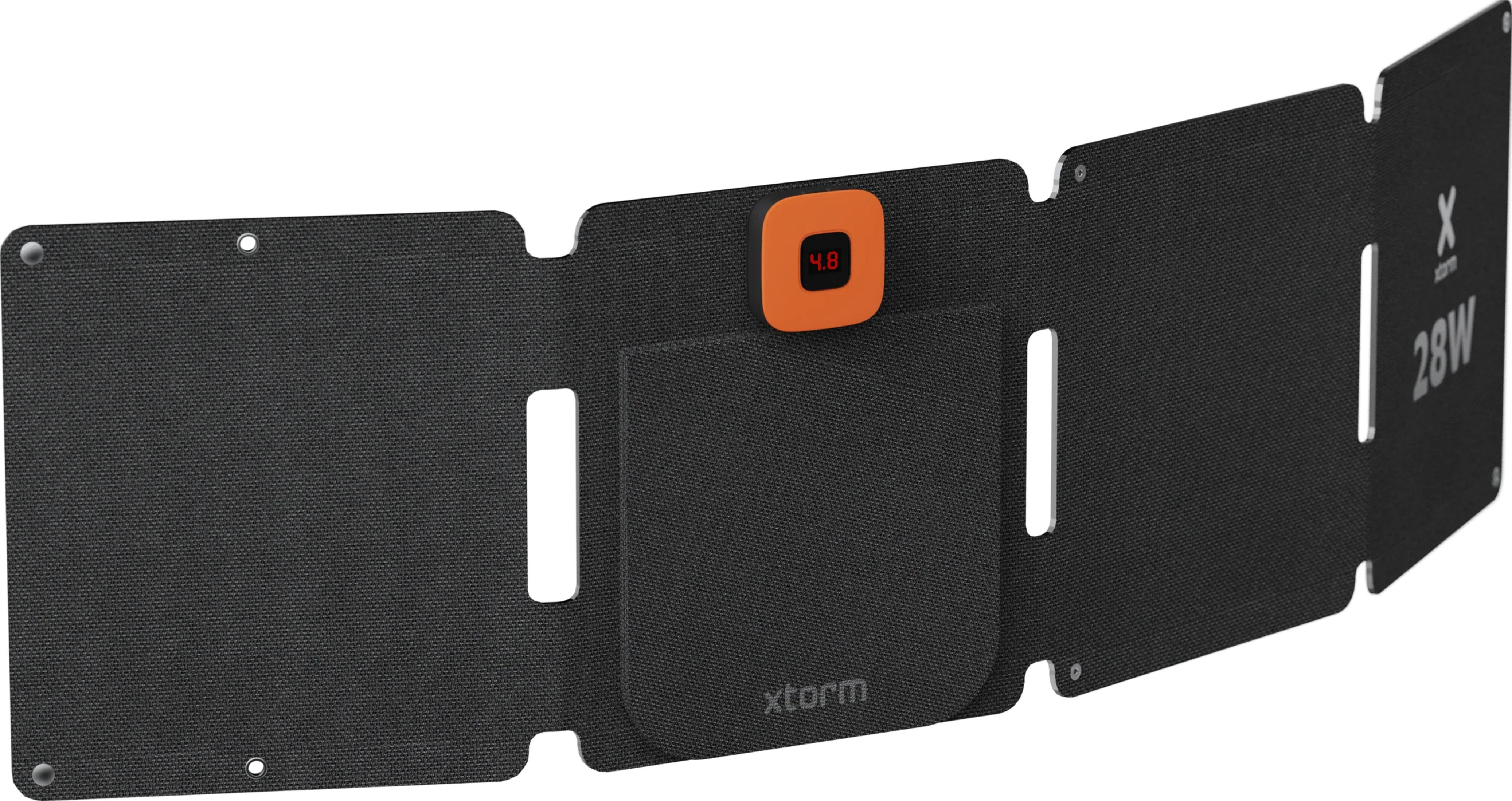 Pannello solare pieghevole nero con display arancione che mostra 4.8.