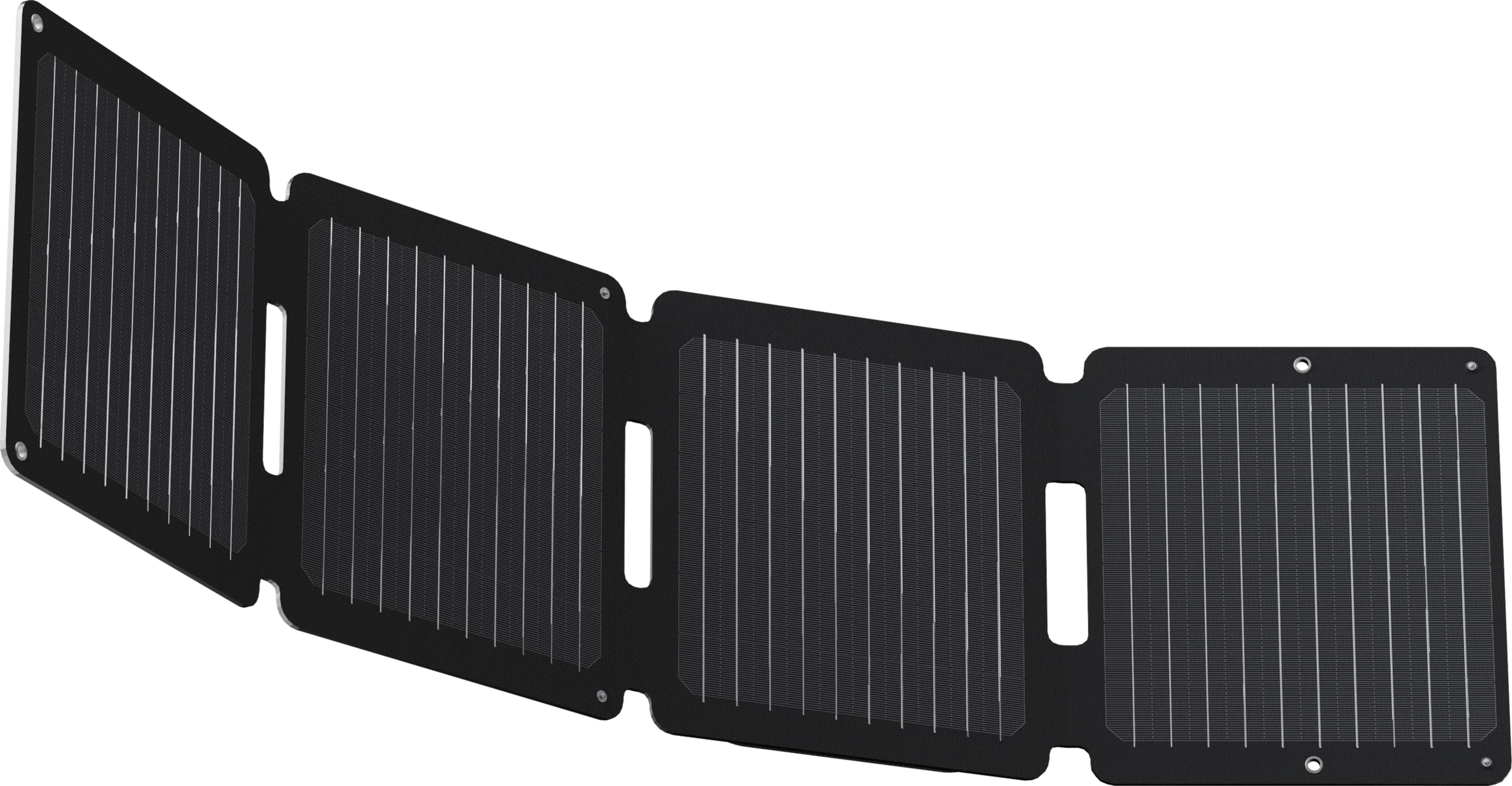 Un pannello solare nero pieghevole con quattro segmenti su sfondo bianco.