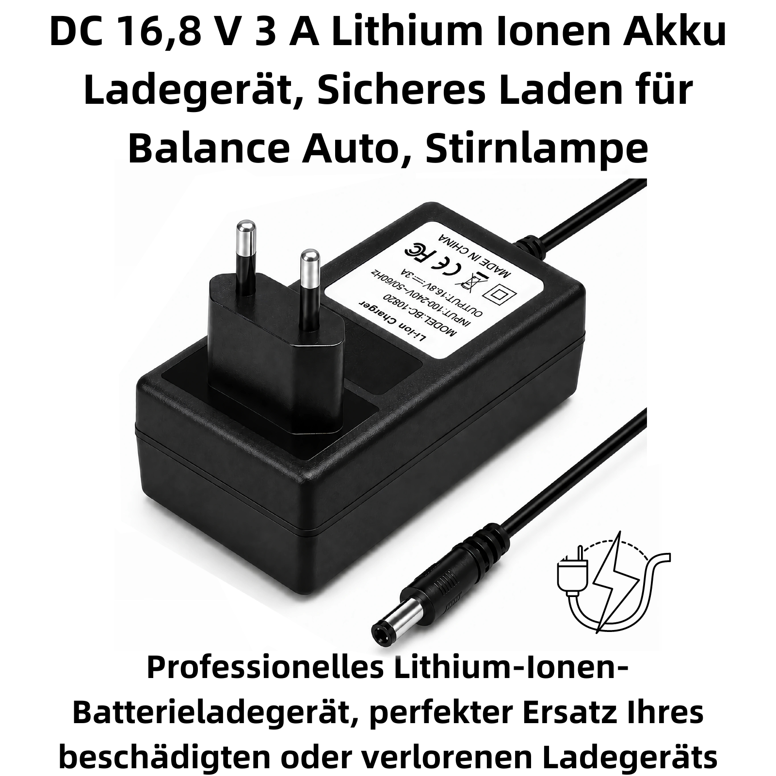 Schwarzes Lithium-Ionen-Ladegerät mit zwei Pins und einem runden Stecker.