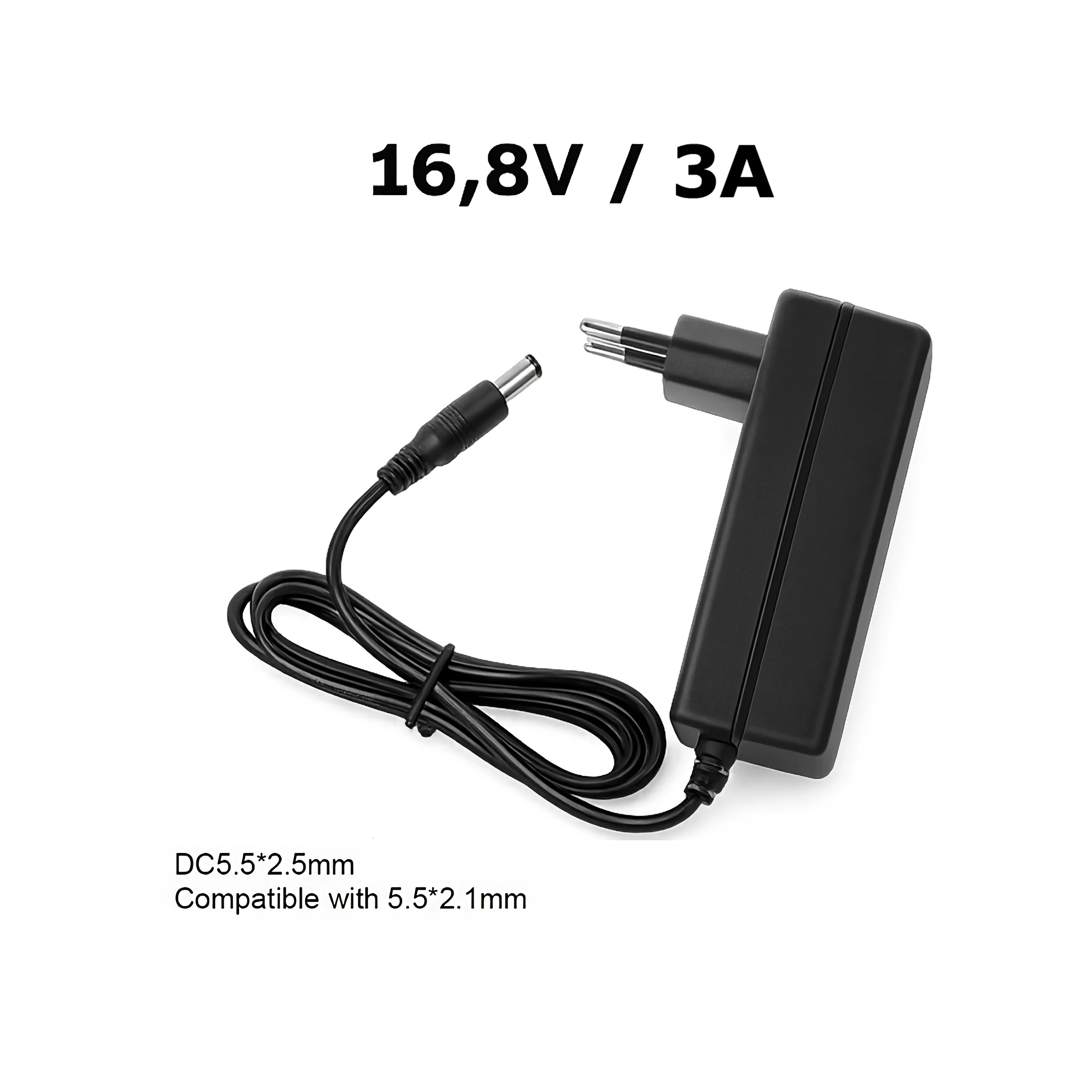 Schwarzes Netzteil mit Kabel und Stecker, 16,8V / 3A.
