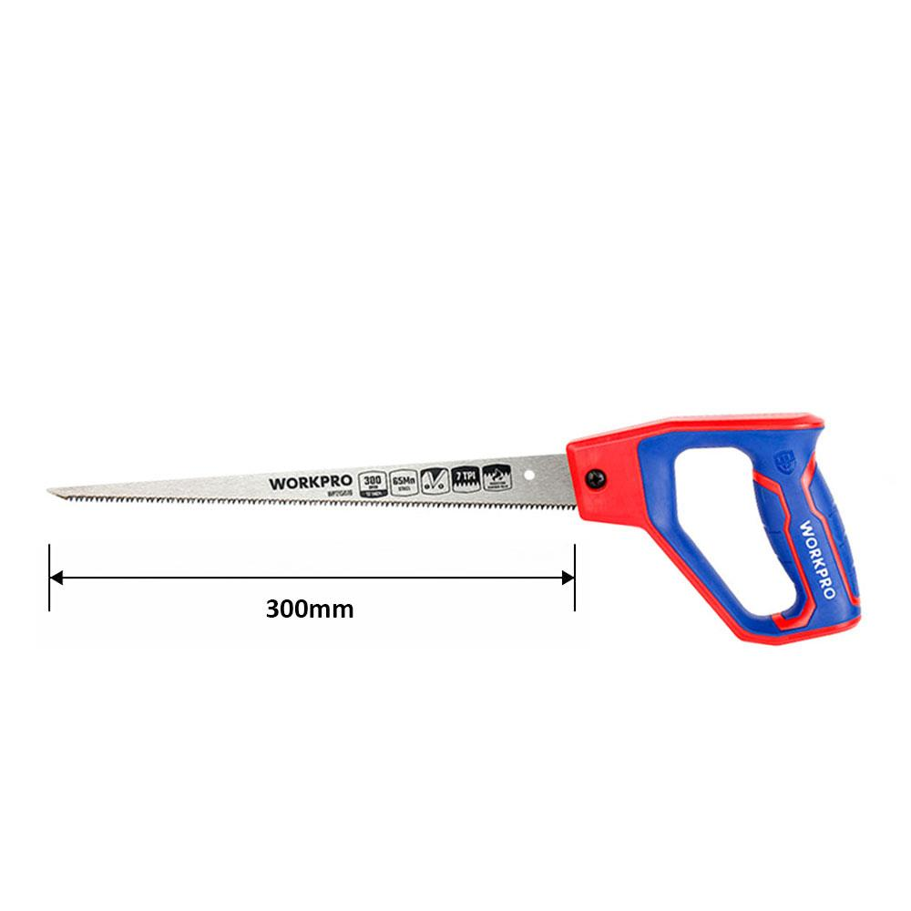 300 mm'lik bıçağa sahip kırmızı ve mavi saplı testere.