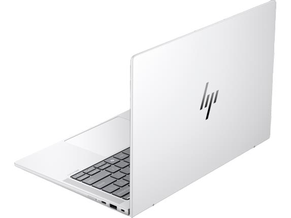 Beyaz bir HP dizüstü bilgisayar, hafif yüksekten yan açıdan, kapağı açık şekilde gösteriliyor.